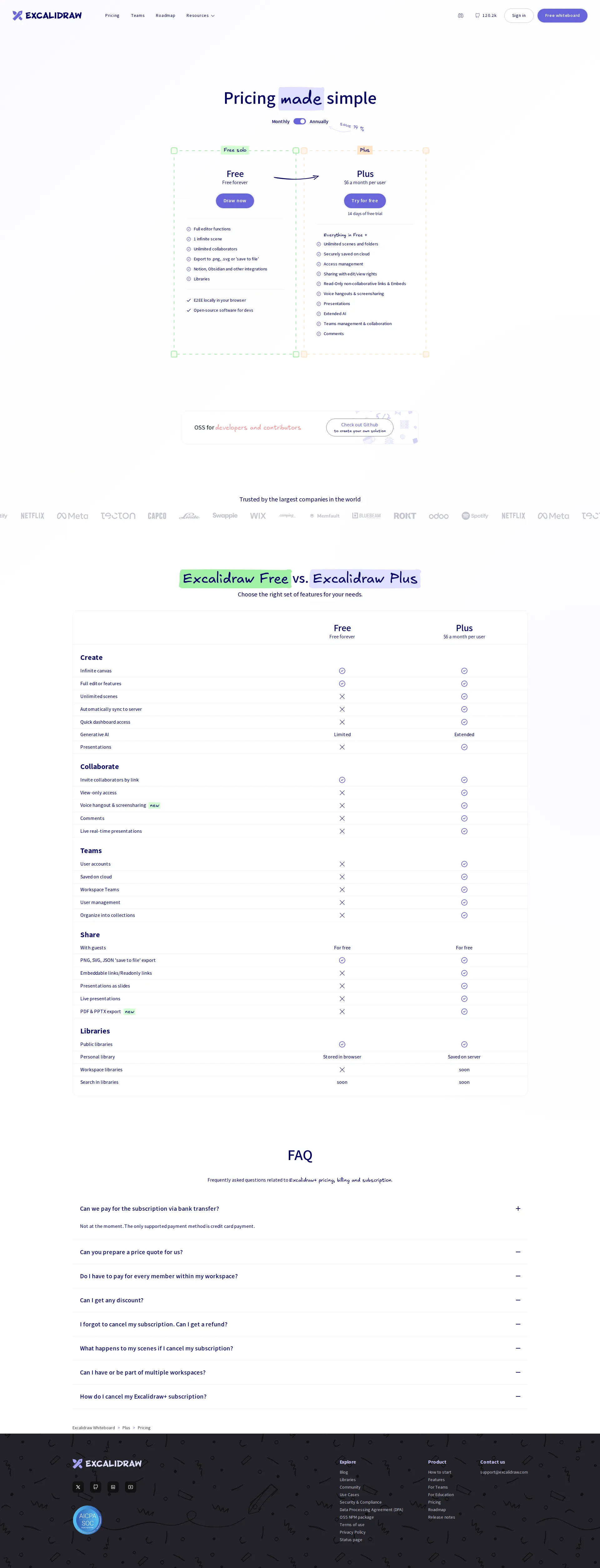 Excalidraw Plus pricing page screenshot