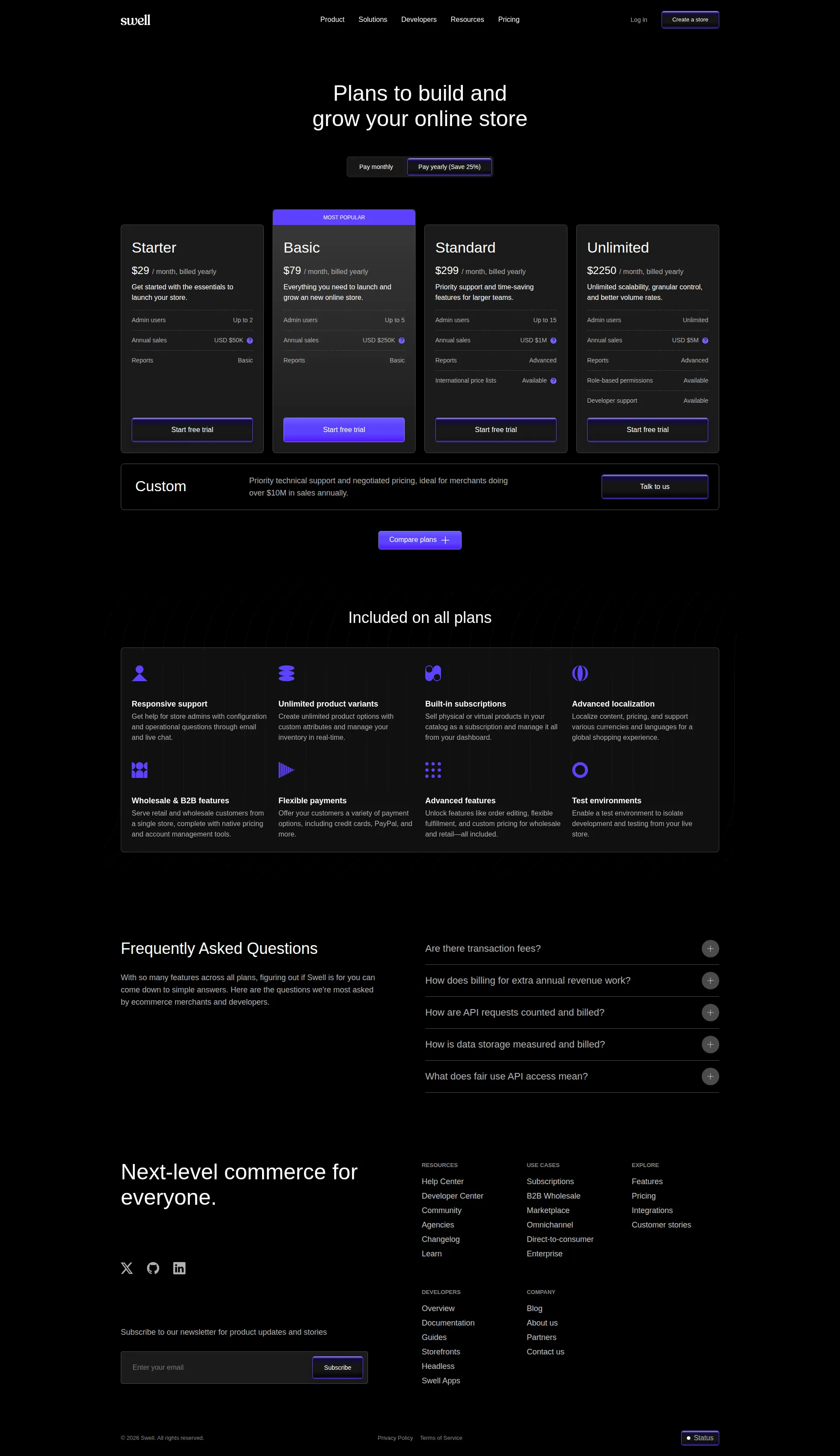 Swell Commerce pricing page screenshot