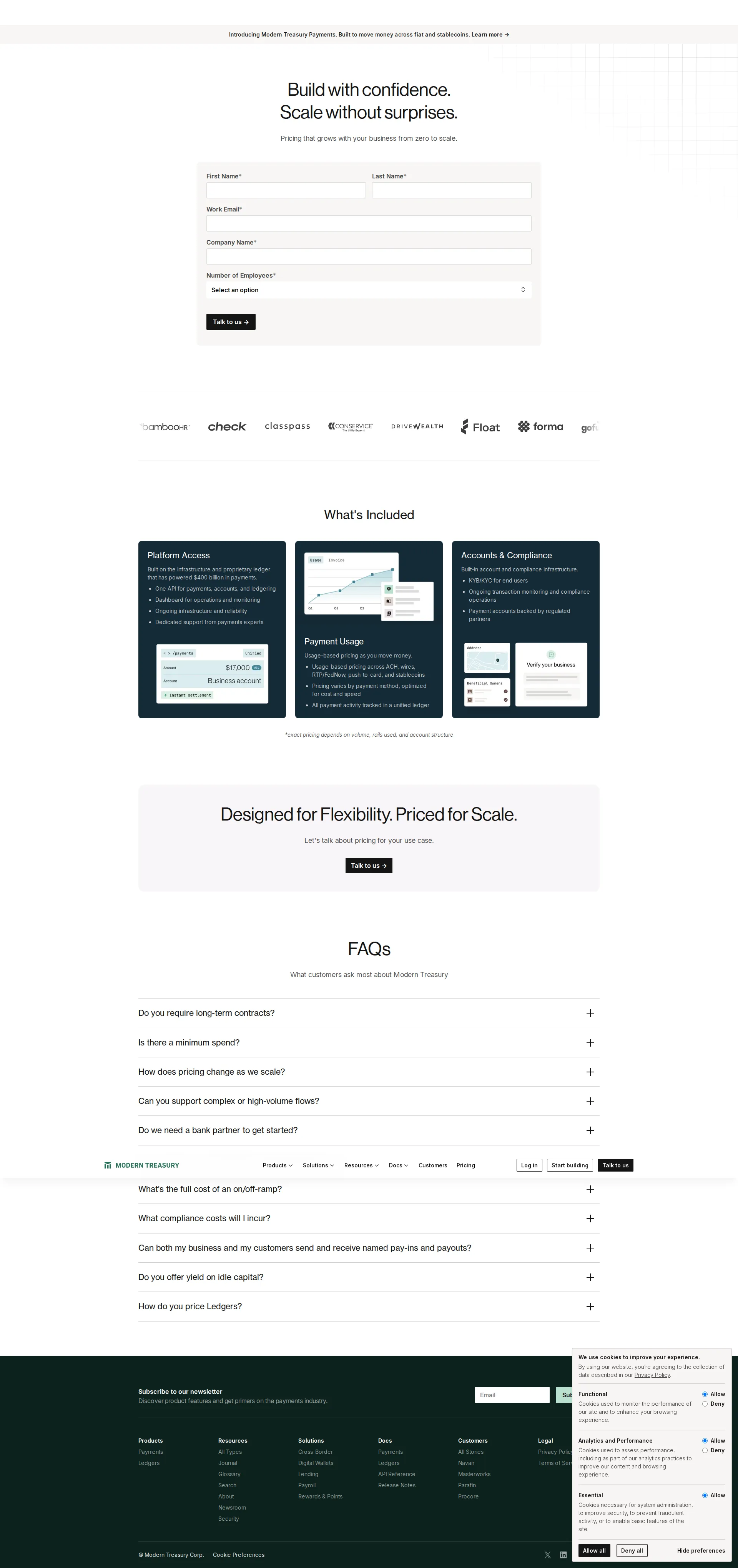 Modern Treasury pricing page screenshot