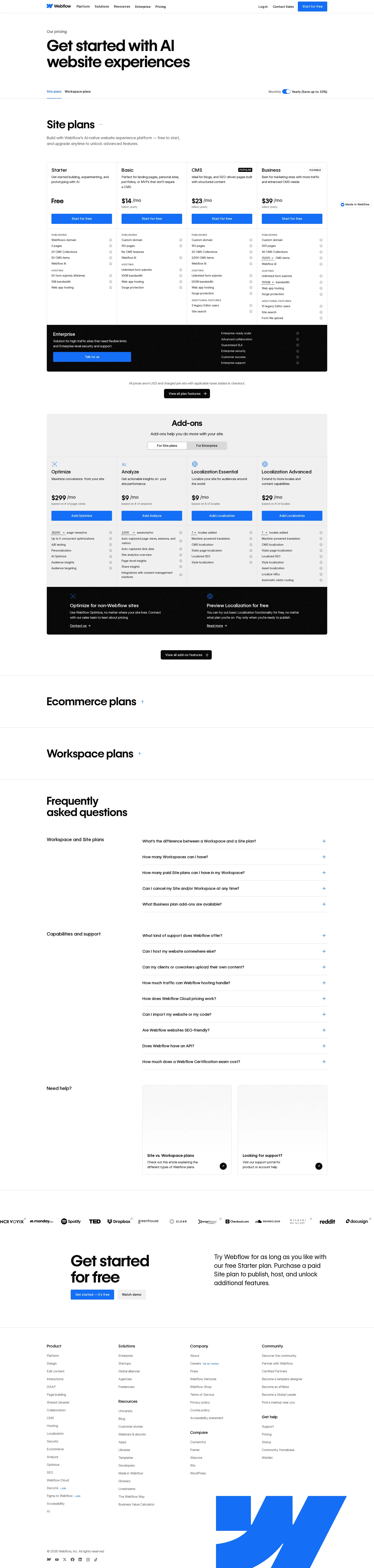 Webflow pricing page screenshot