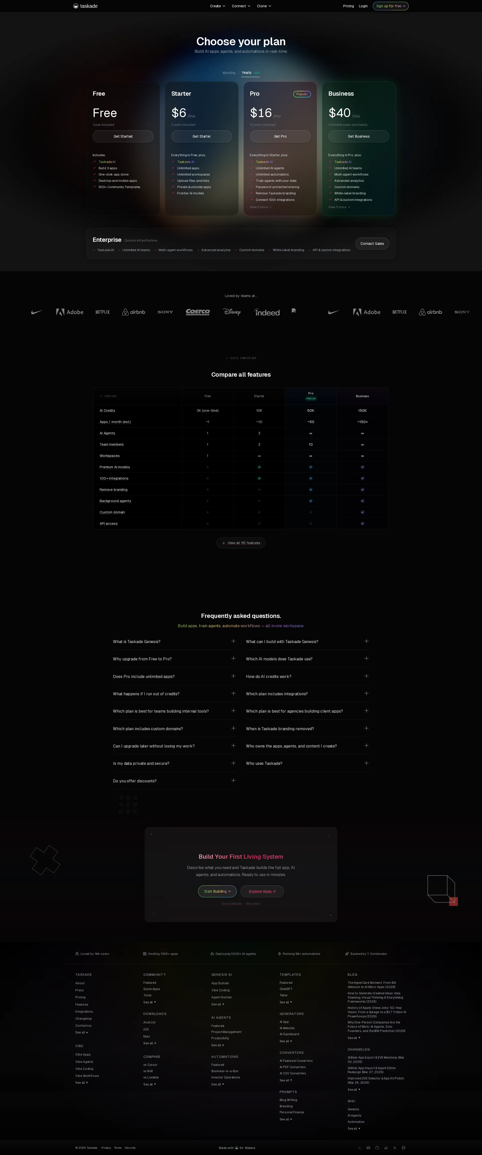 Taskade Teams pricing page screenshot
