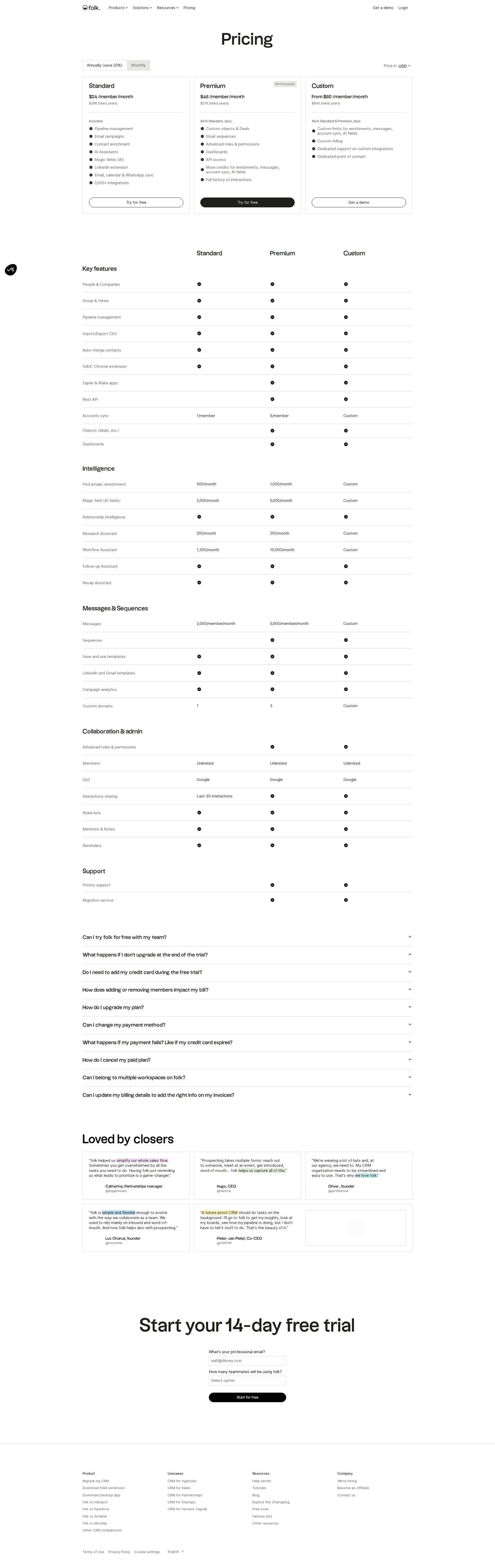 folk CRM pricing page screenshot