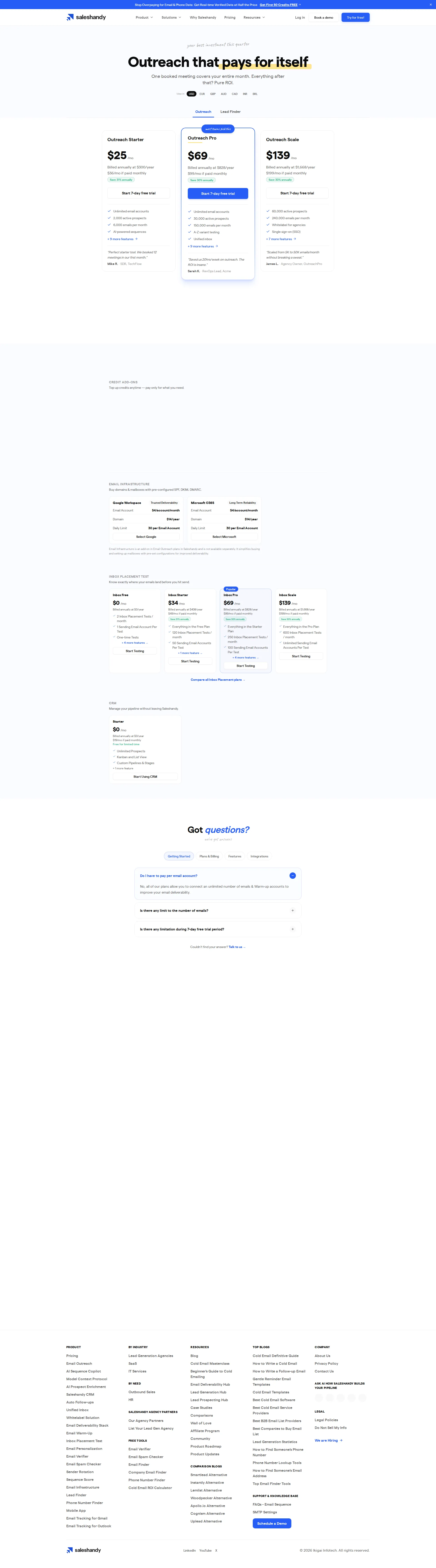 SalesHandy pricing page screenshot