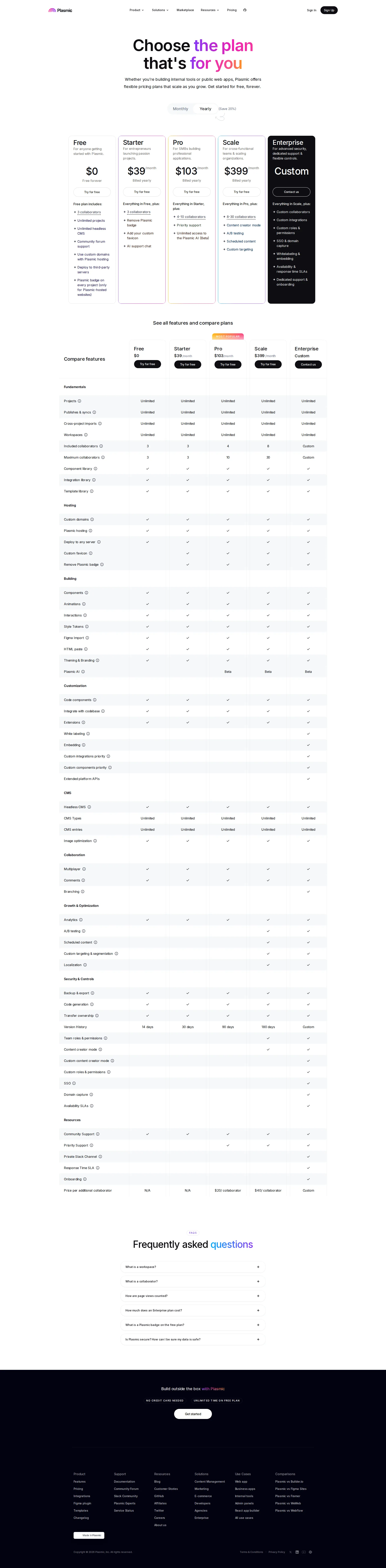Plasmic pricing page screenshot