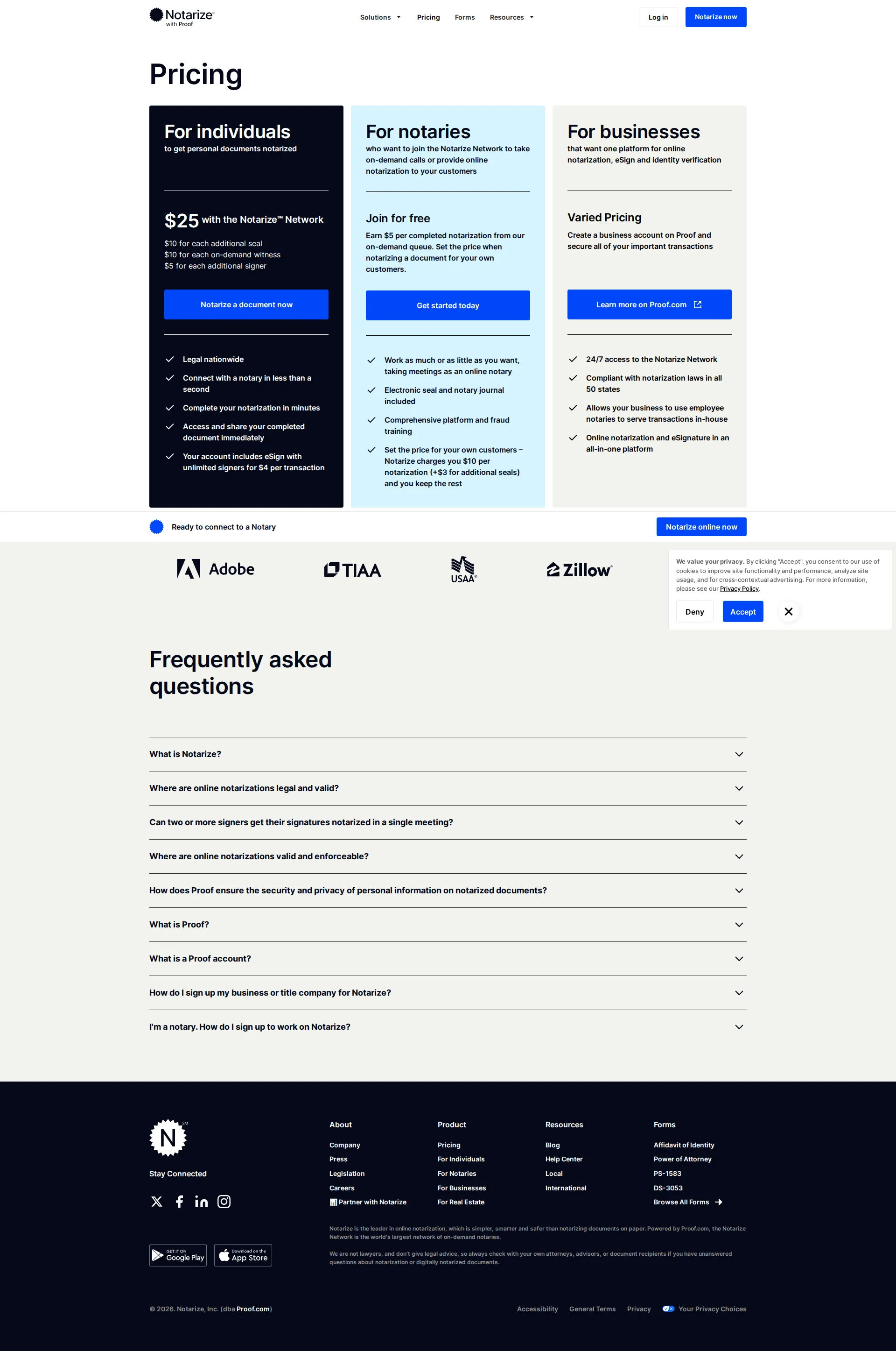 Notarize pricing page screenshot