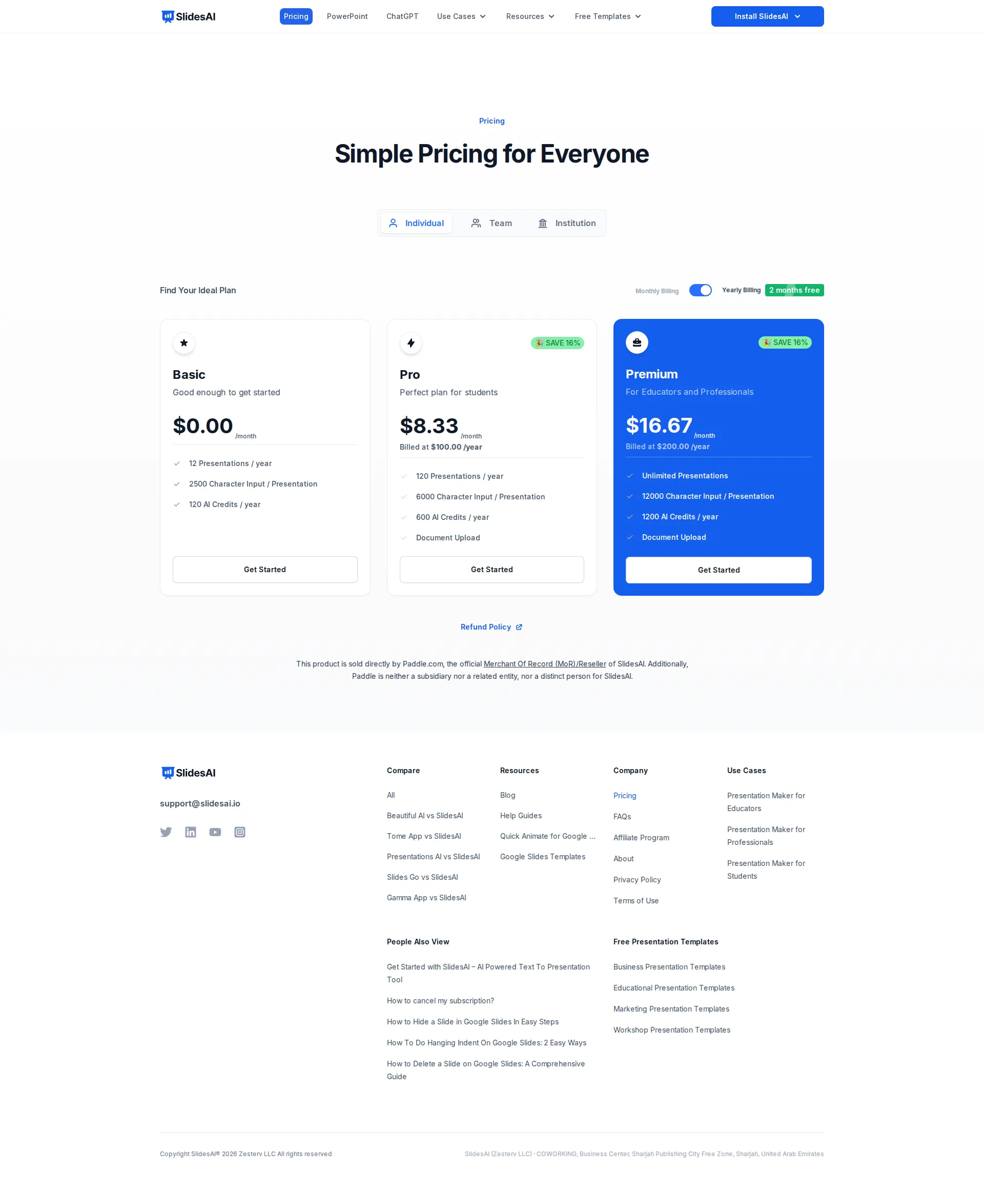 SlidesAI Pro pricing page screenshot