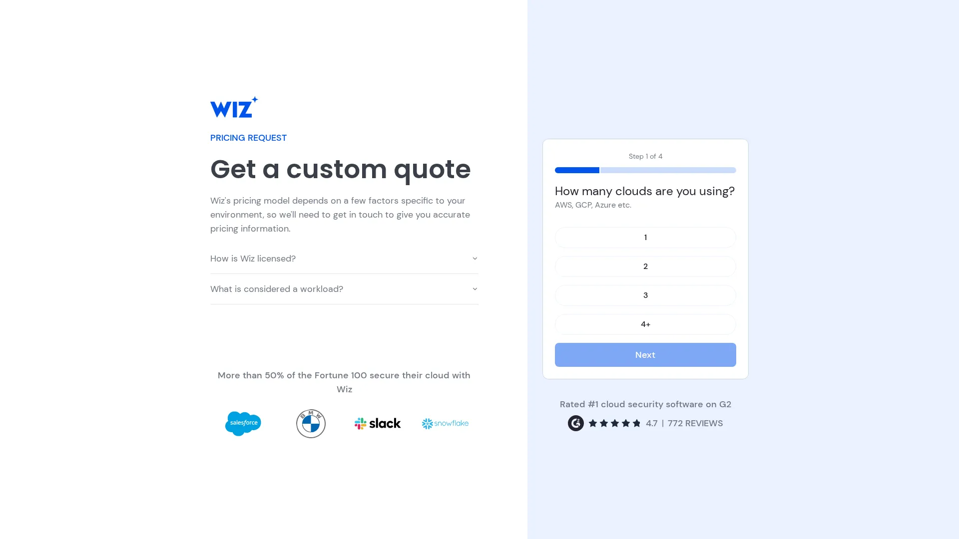 Wiz Cloud pricing page screenshot
