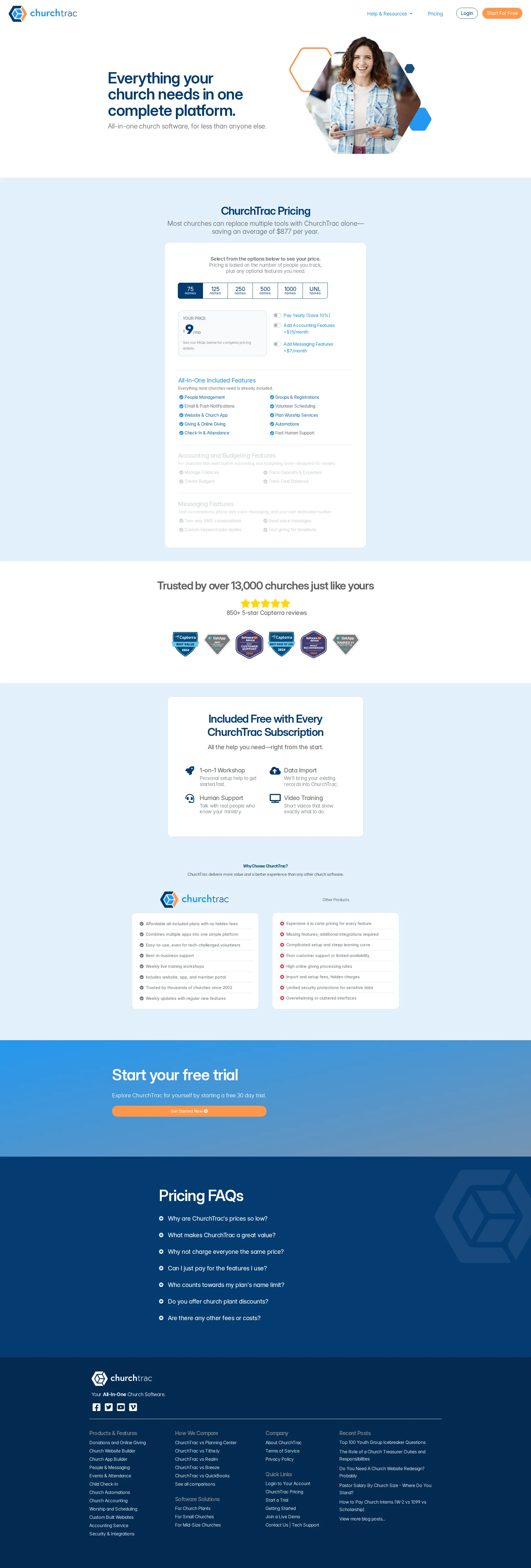ChurchTrac pricing page screenshot