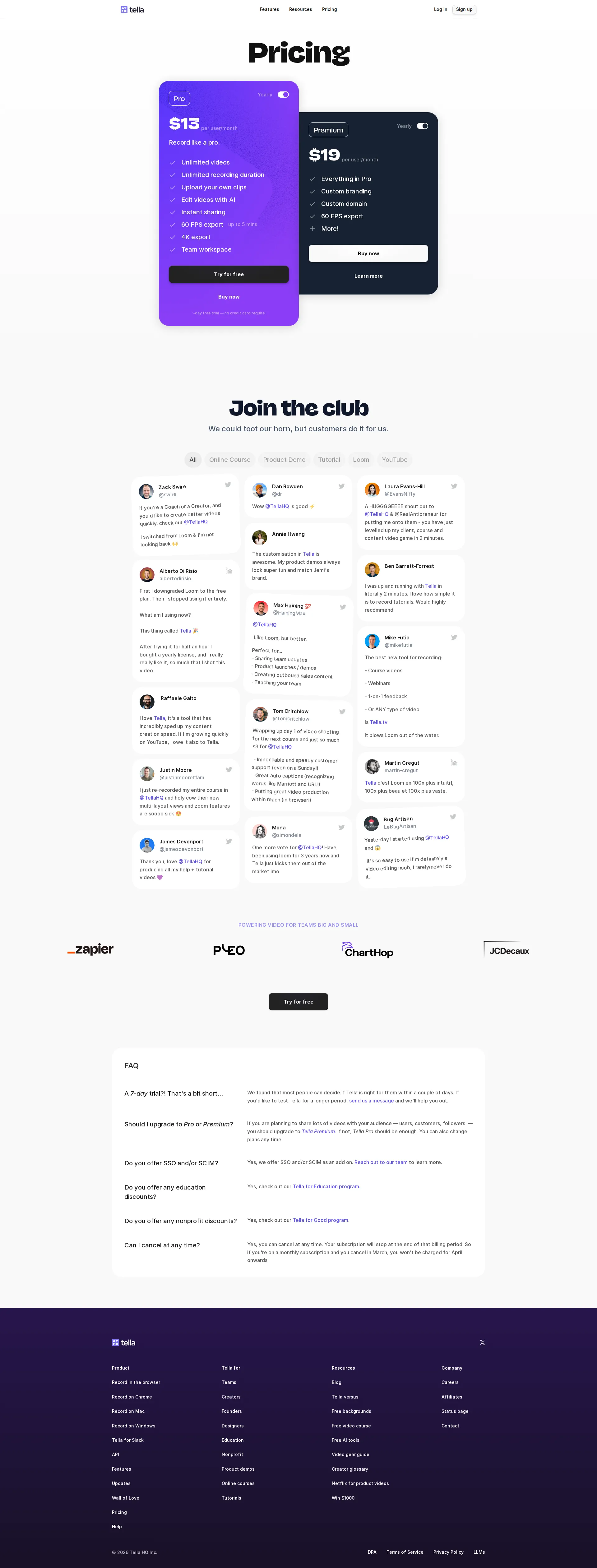 Tella Screen pricing page screenshot