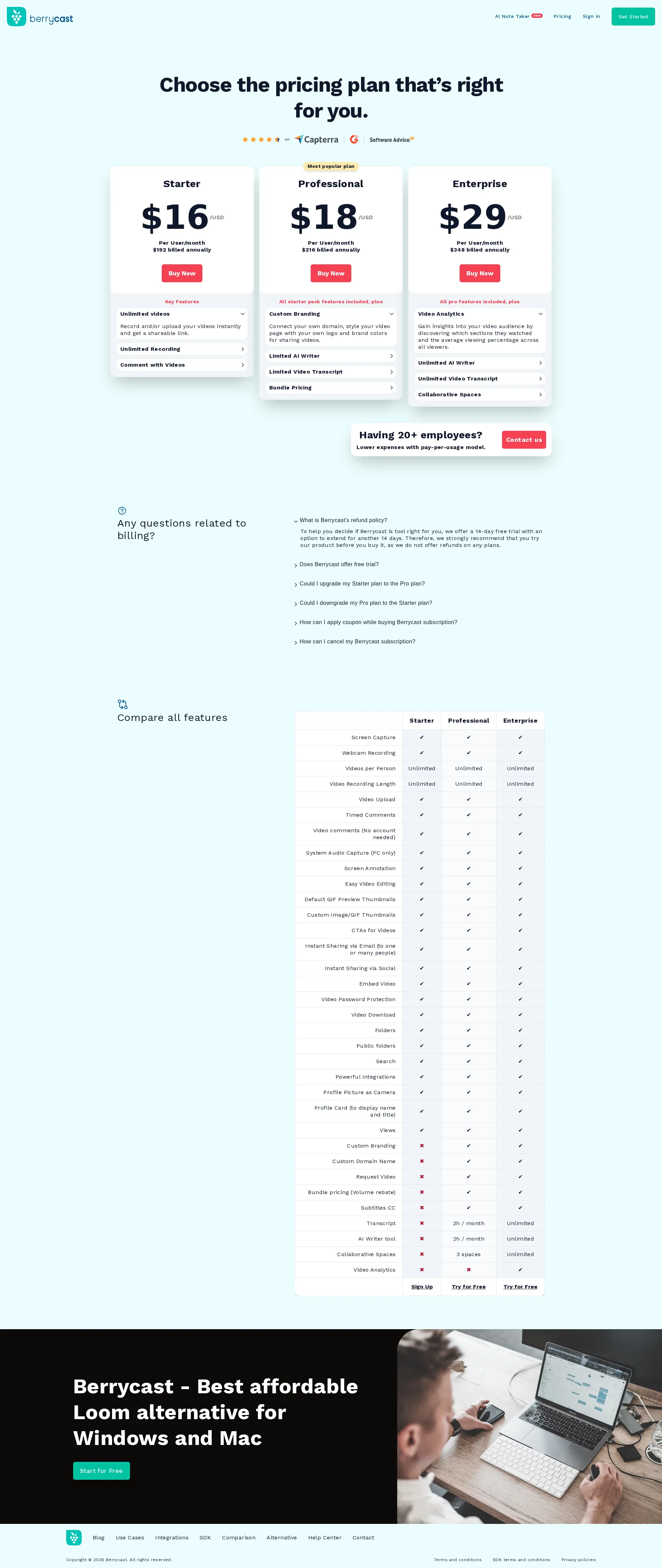 Berrycast pricing page screenshot
