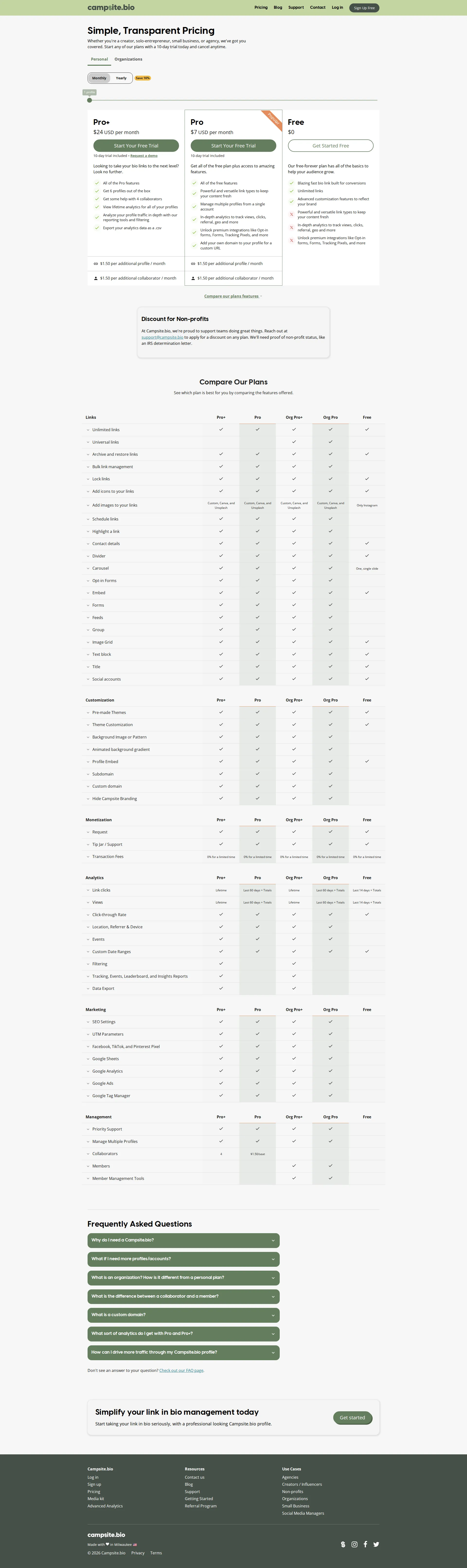 Campsite.bio pricing page screenshot