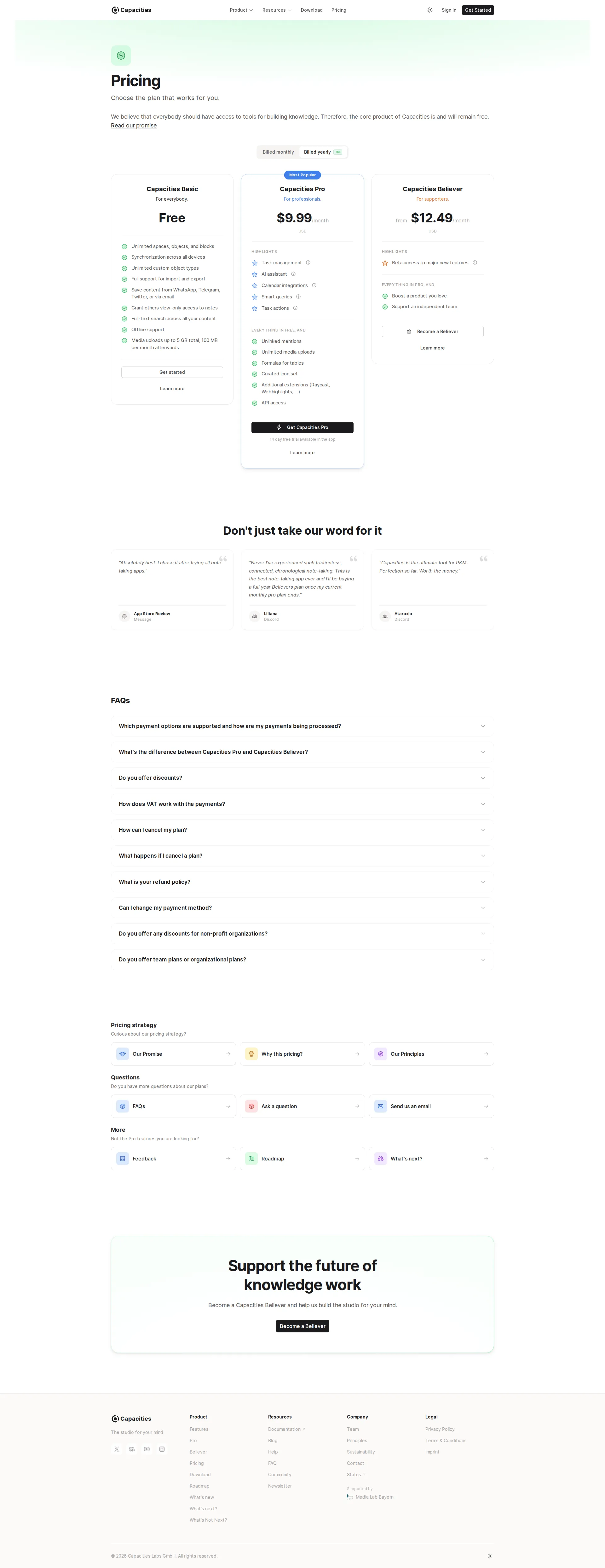 Capacities Pro pricing page screenshot