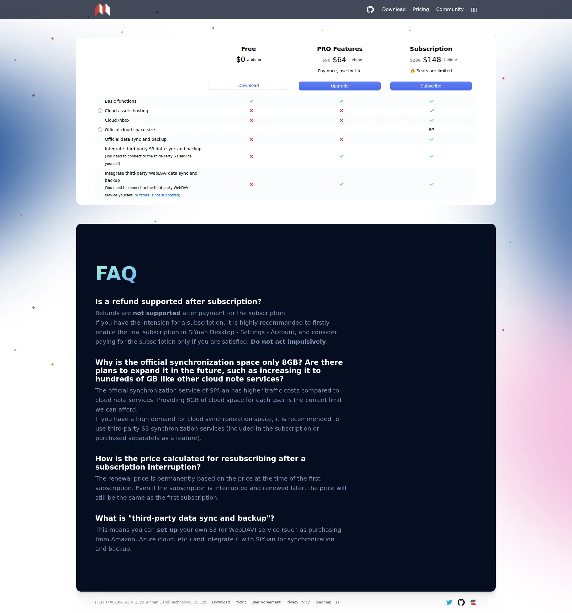 SiYuan Note pricing page screenshot