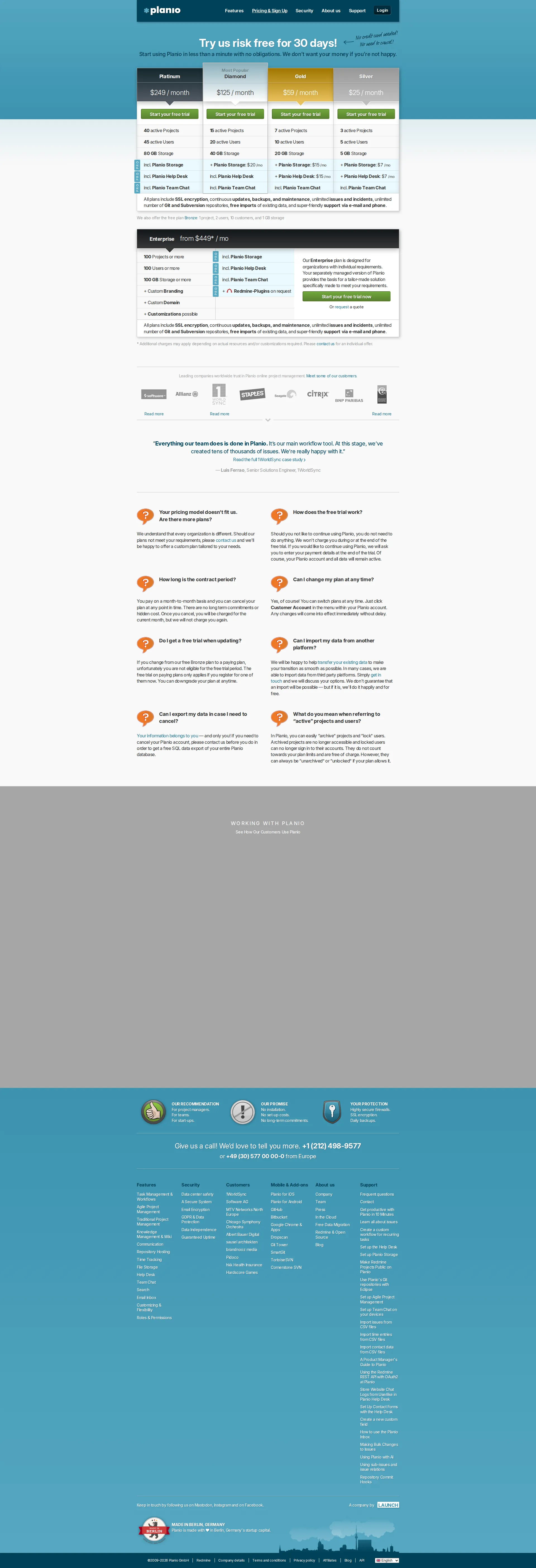 Planio pricing page screenshot