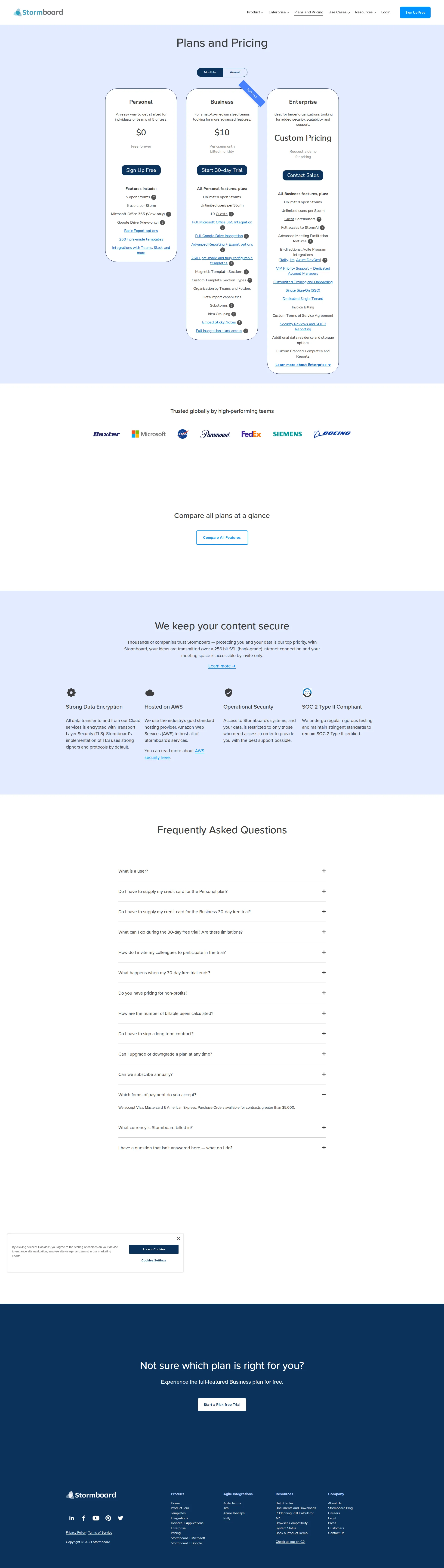 Stormboard Pro pricing page screenshot