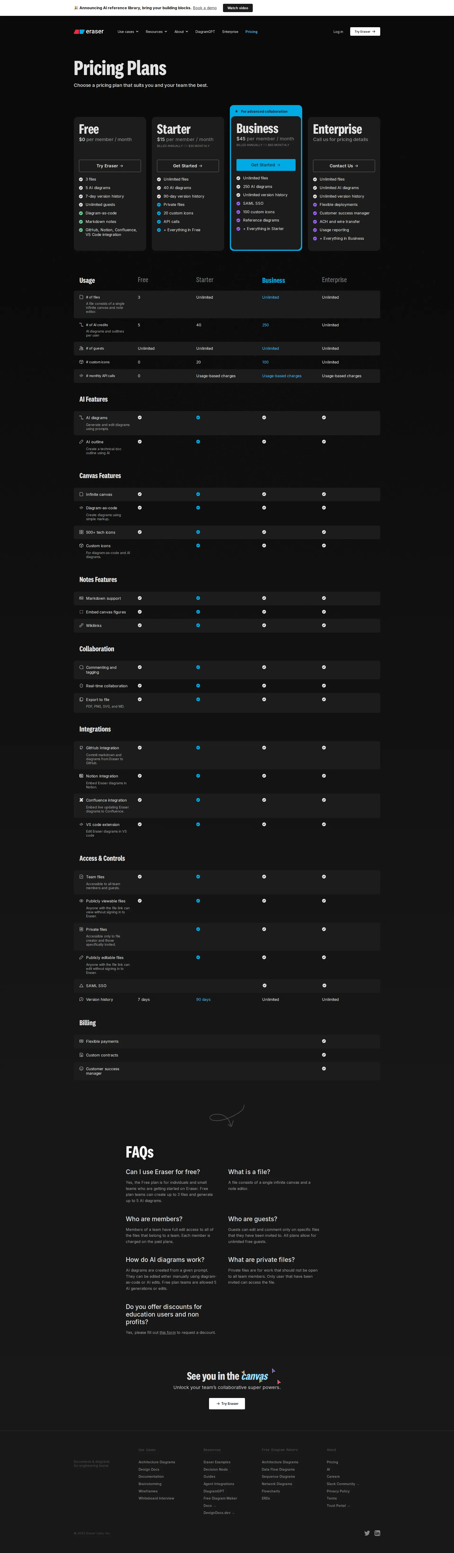 Eraser Board pricing page screenshot