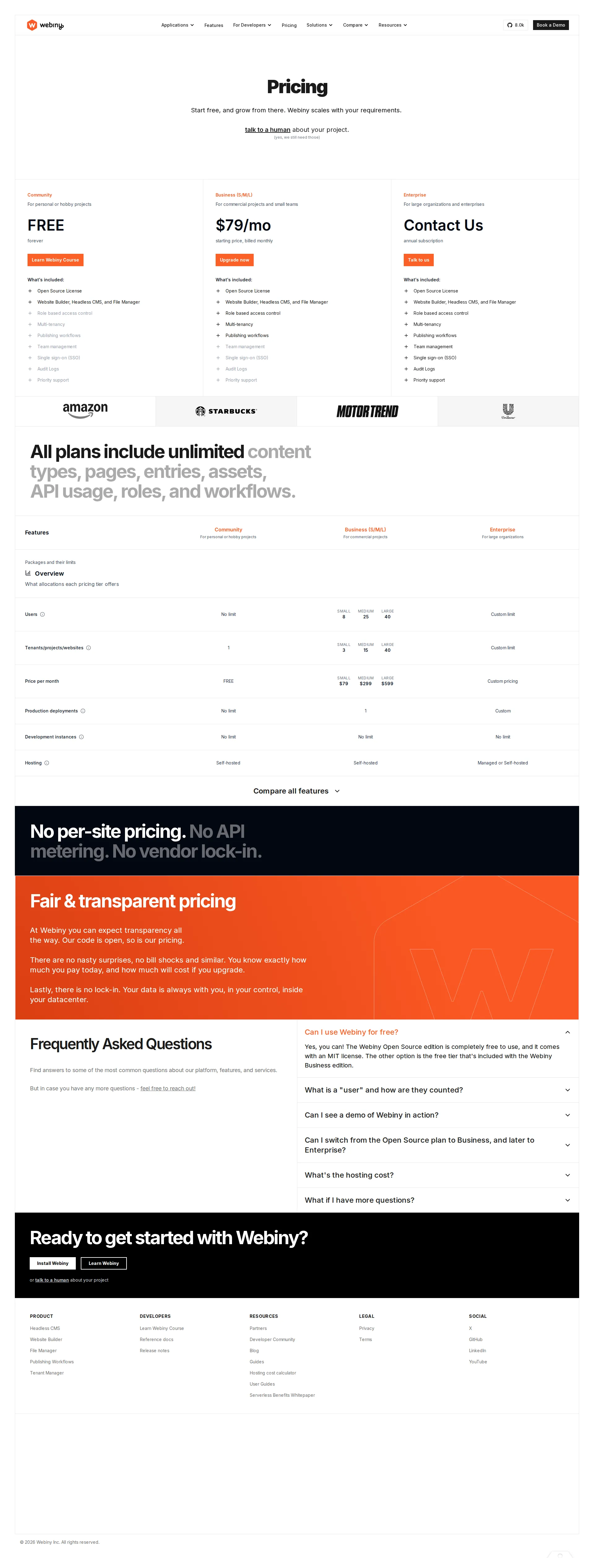 Webiny pricing page screenshot