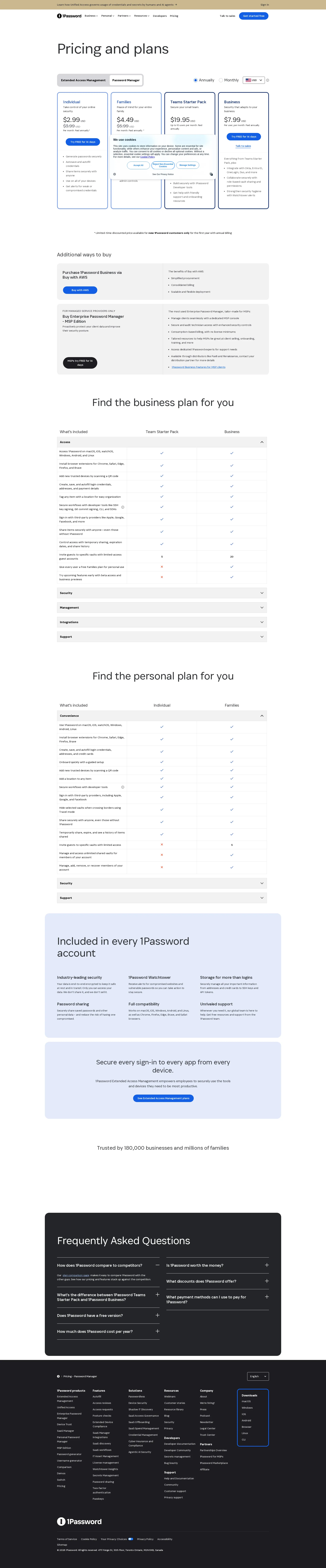 1Password Business pricing page screenshot