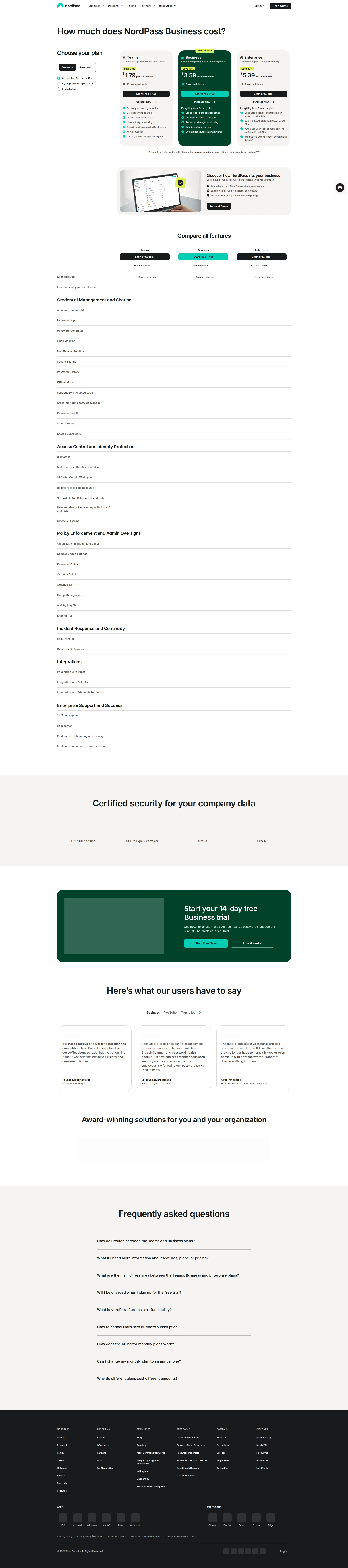 NordPass Business pricing page screenshot