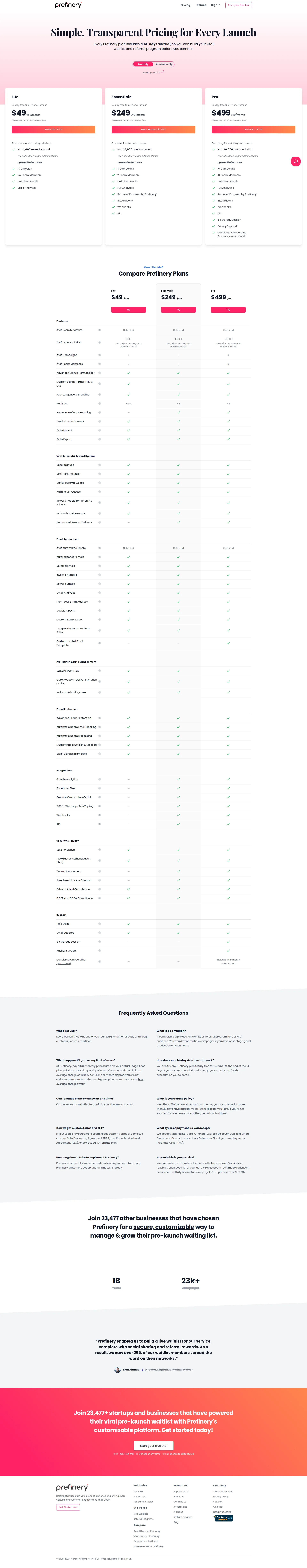 Prefinery Growth pricing page screenshot