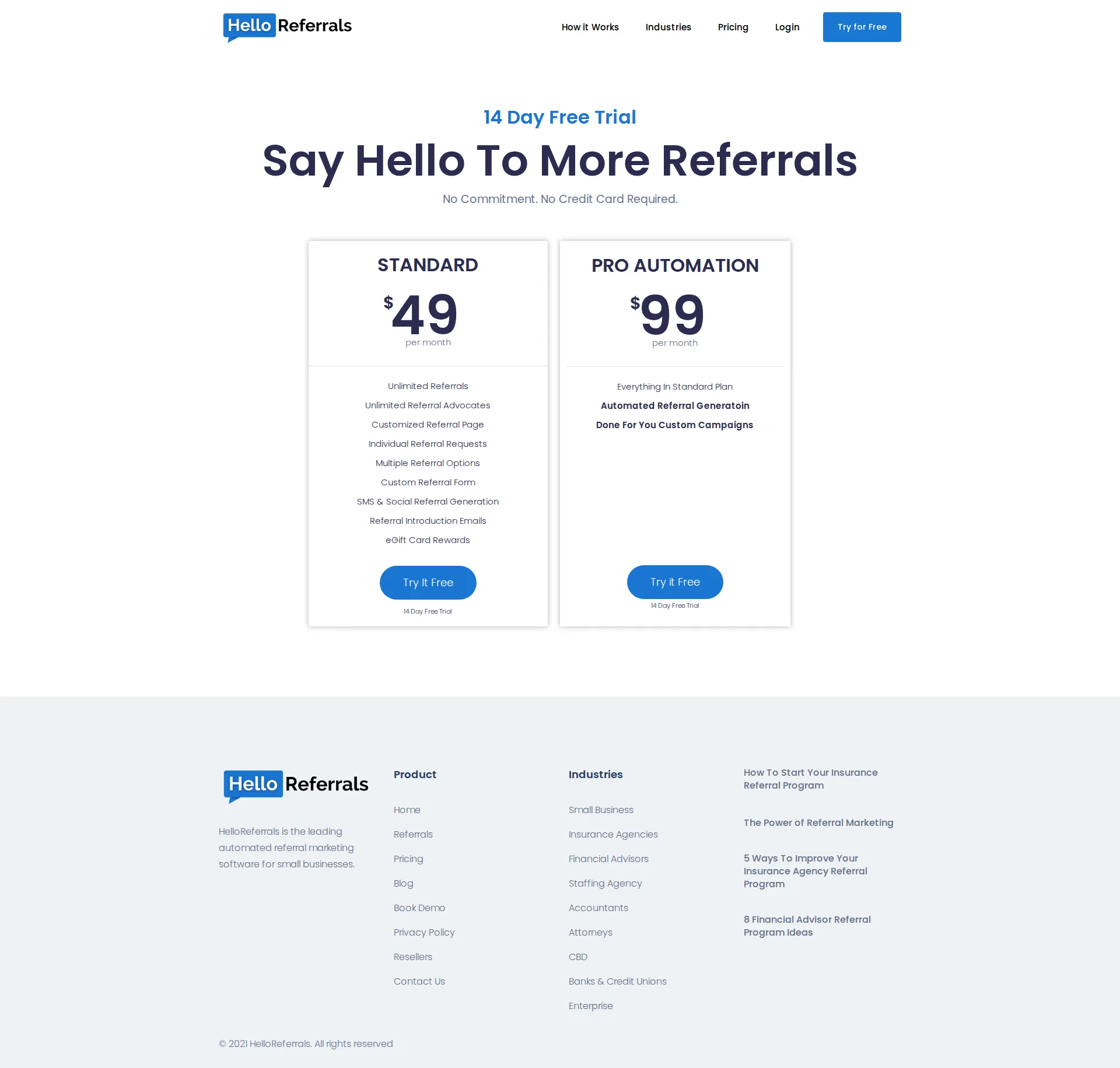 Hello Referrals pricing page screenshot