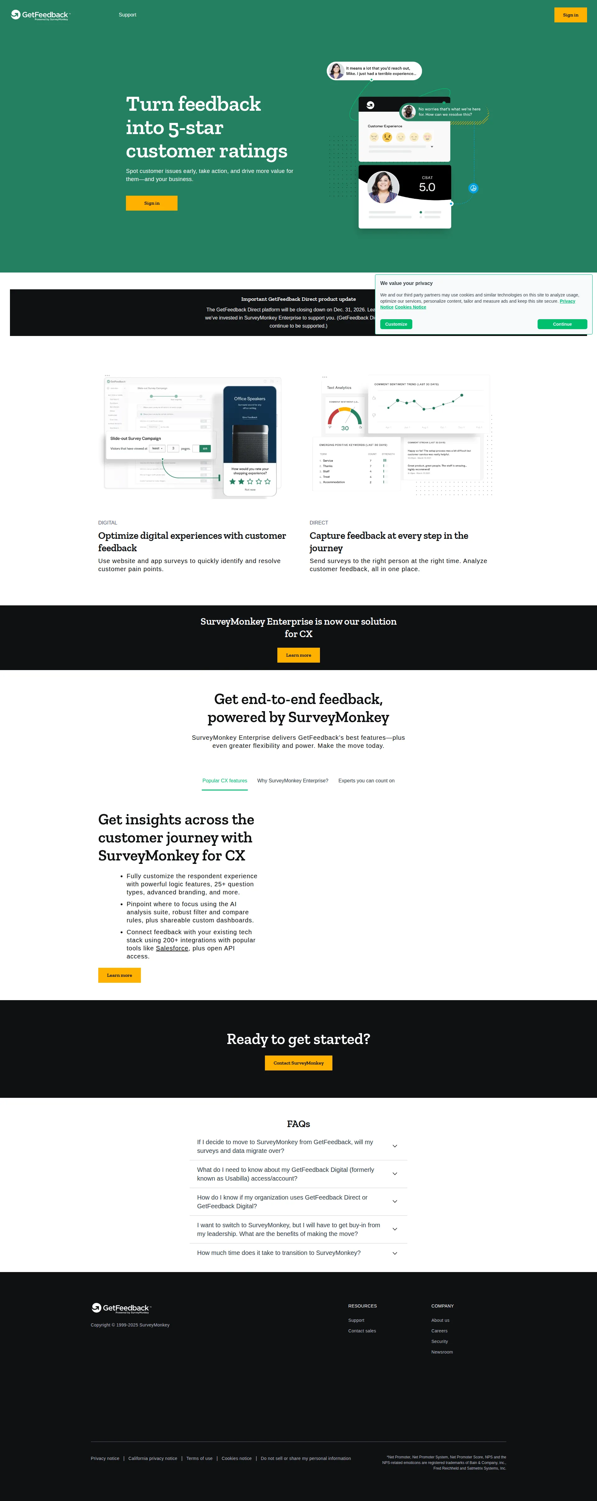 GetFeedback pricing page screenshot