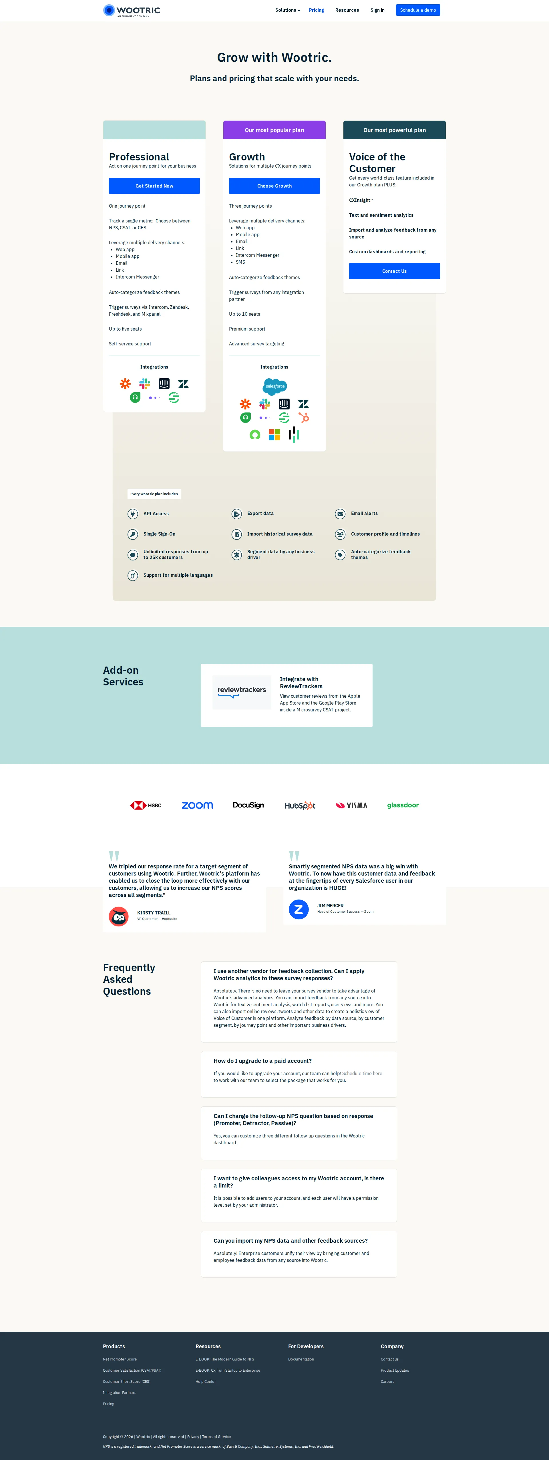 Wootric pricing page screenshot