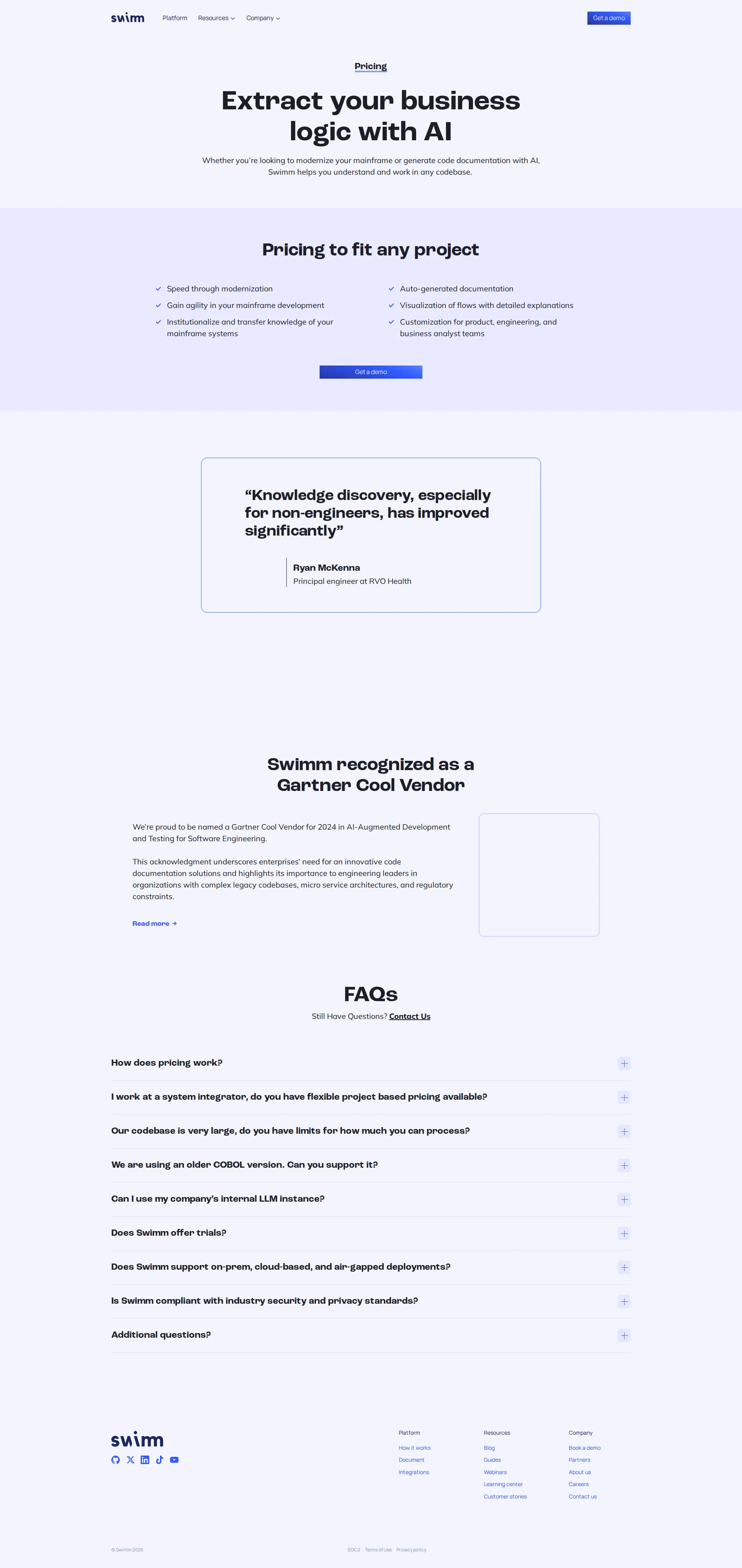 Swimm pricing page screenshot