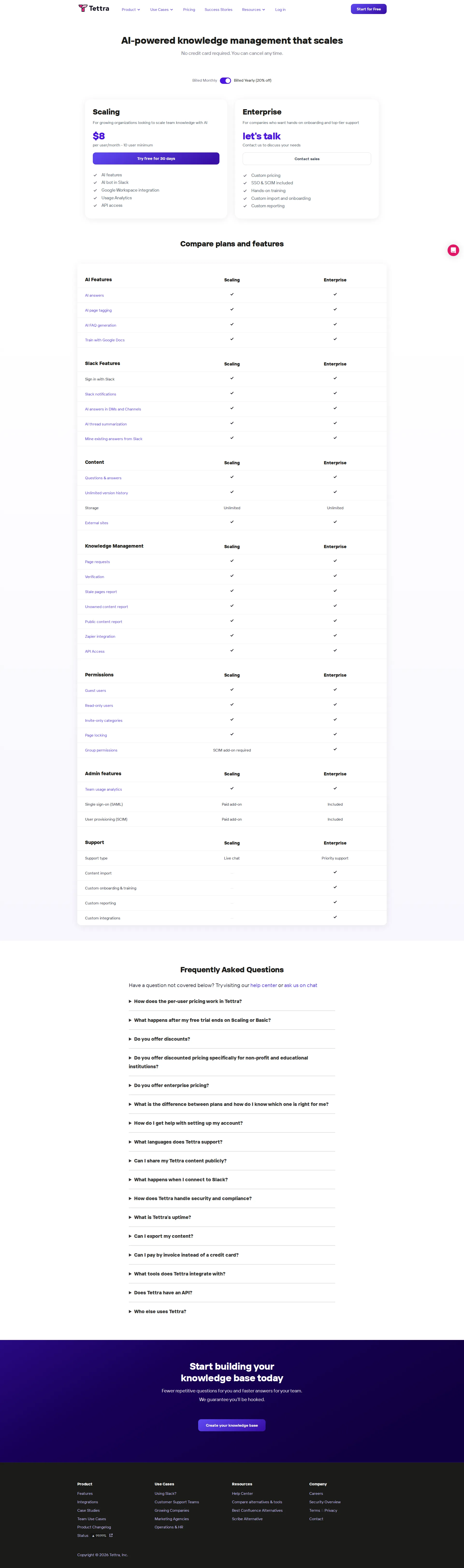 Tettra Docs pricing page screenshot
