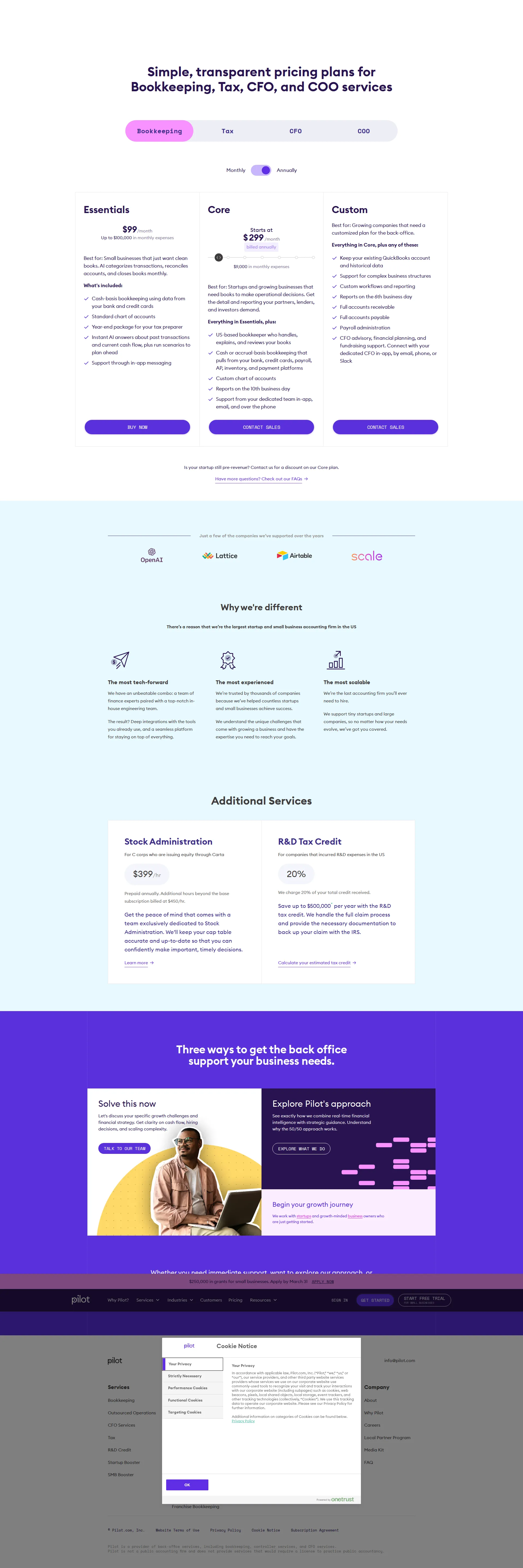 Pilot Bookkeeping pricing page screenshot