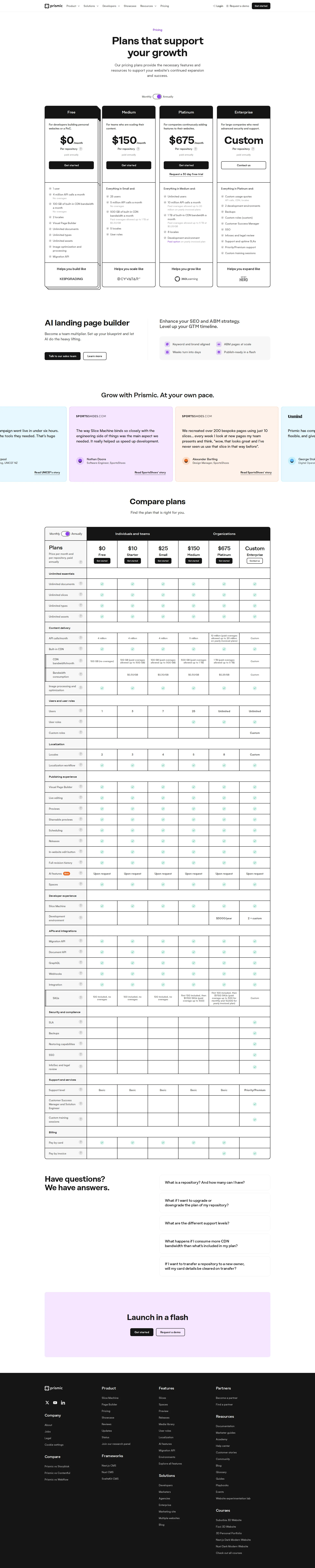 Prismic pricing page screenshot