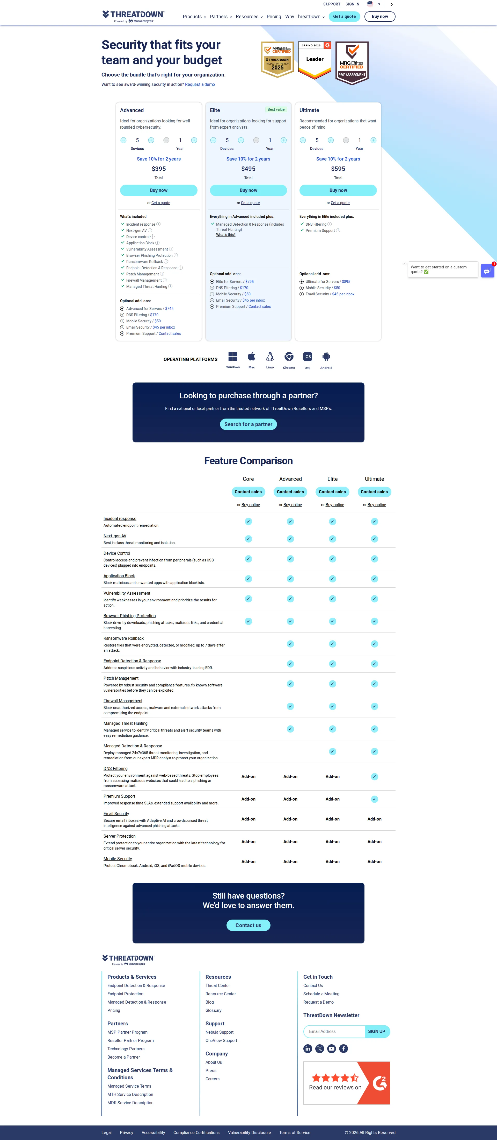 Malwarebytes Business pricing page screenshot