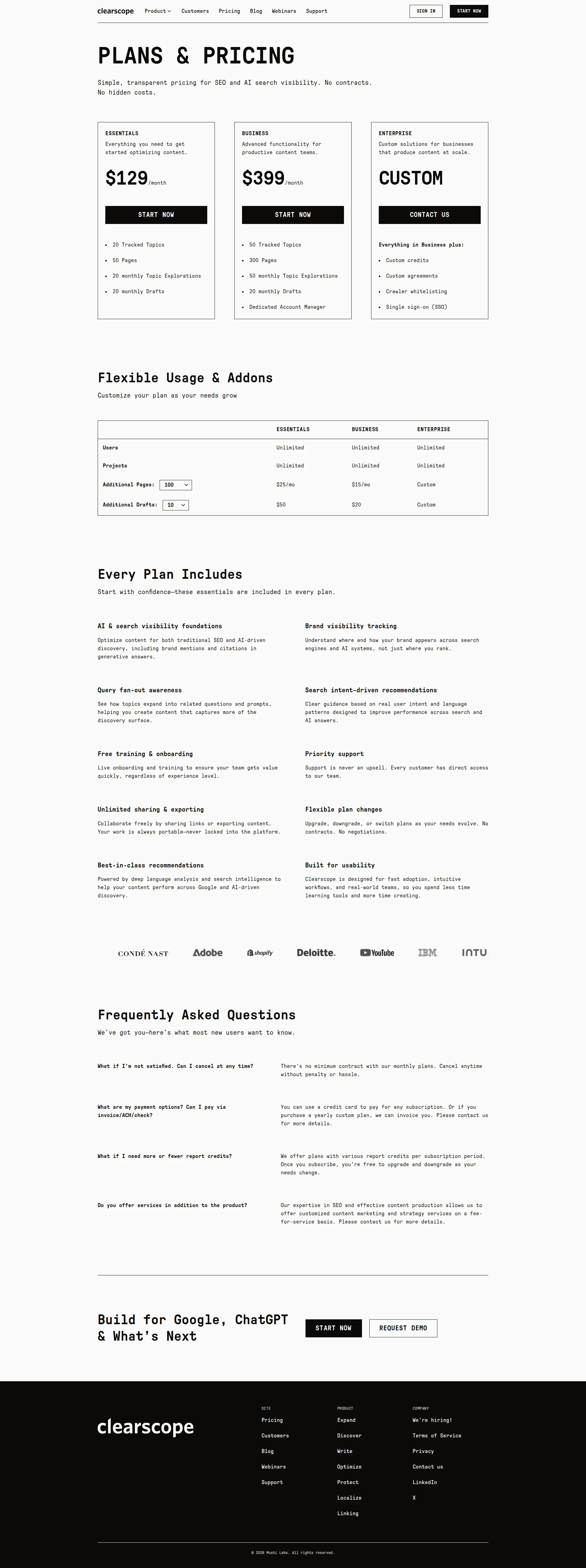 Clearscope pricing page screenshot