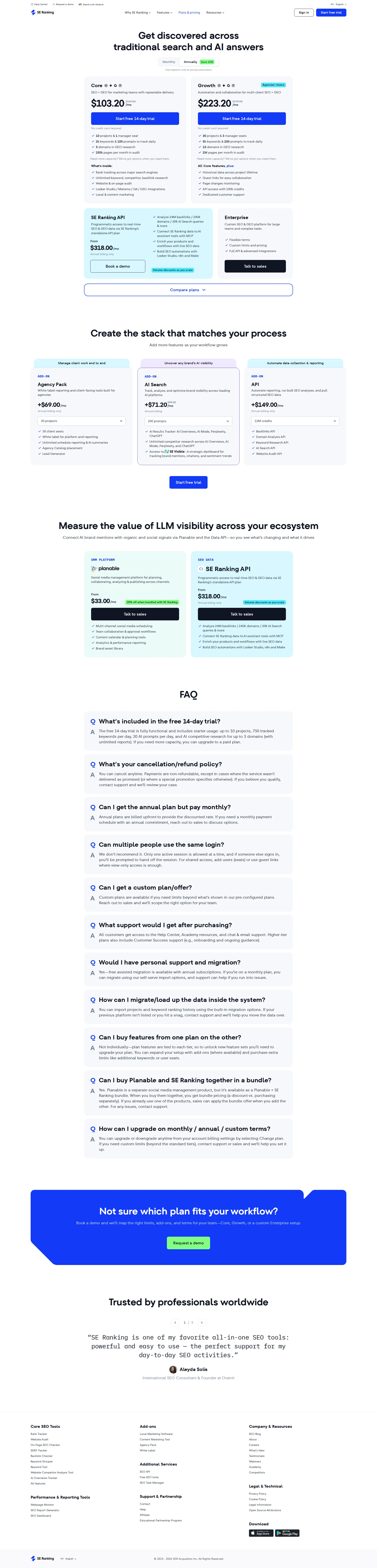 SE Ranking pricing page screenshot