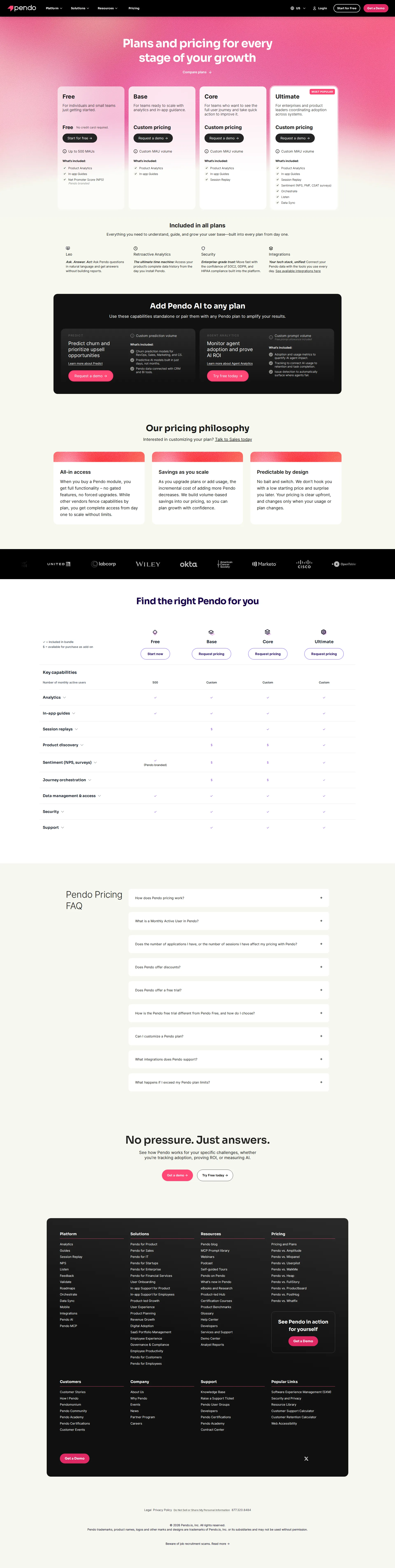 Pendo pricing page screenshot