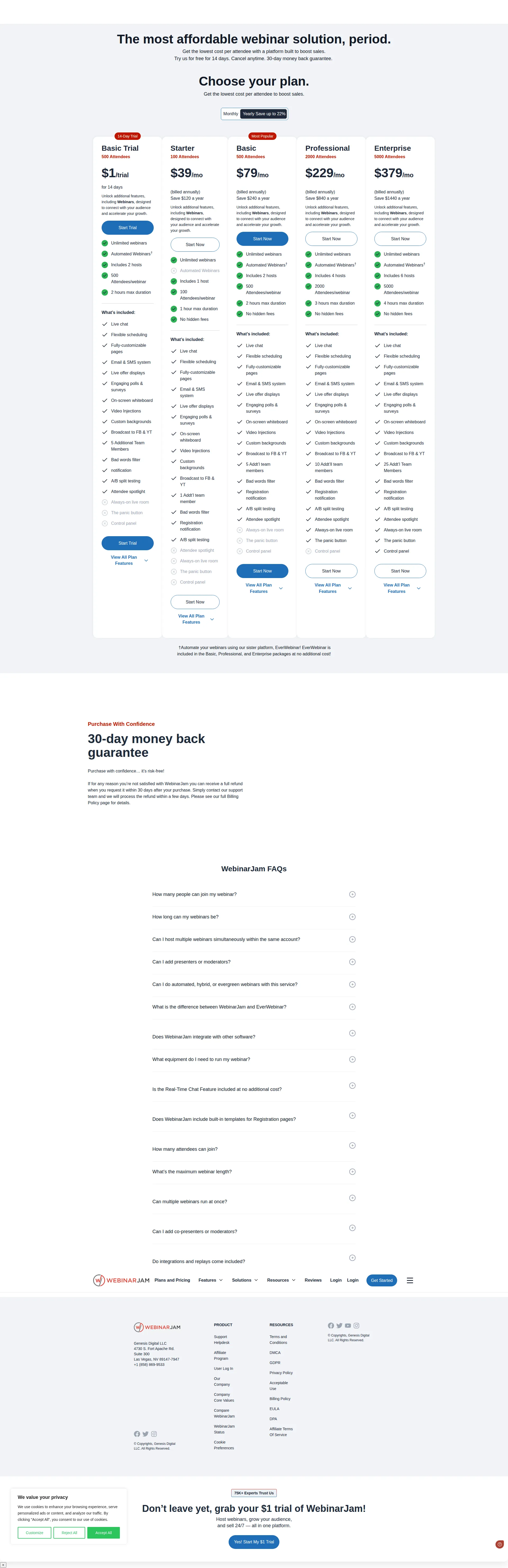 WebinarJam pricing page screenshot
