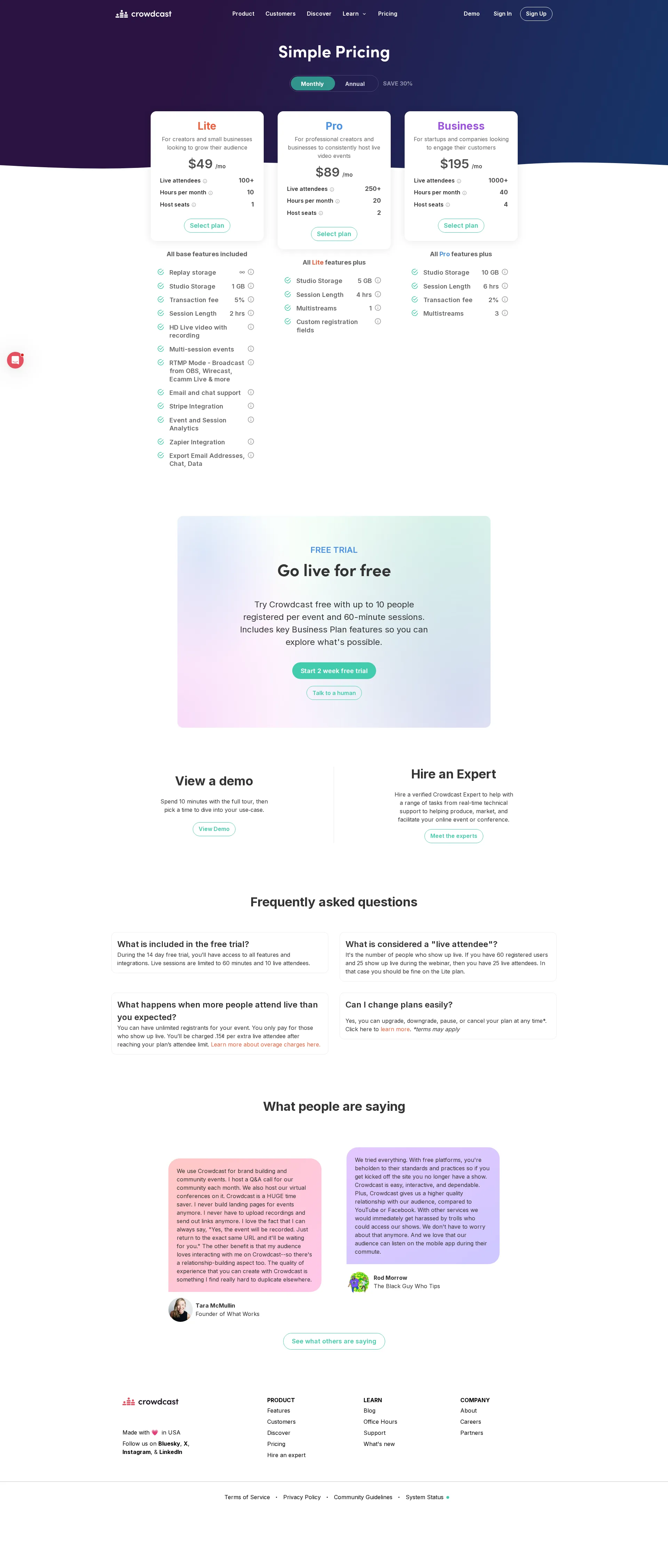 Crowdcast pricing page screenshot