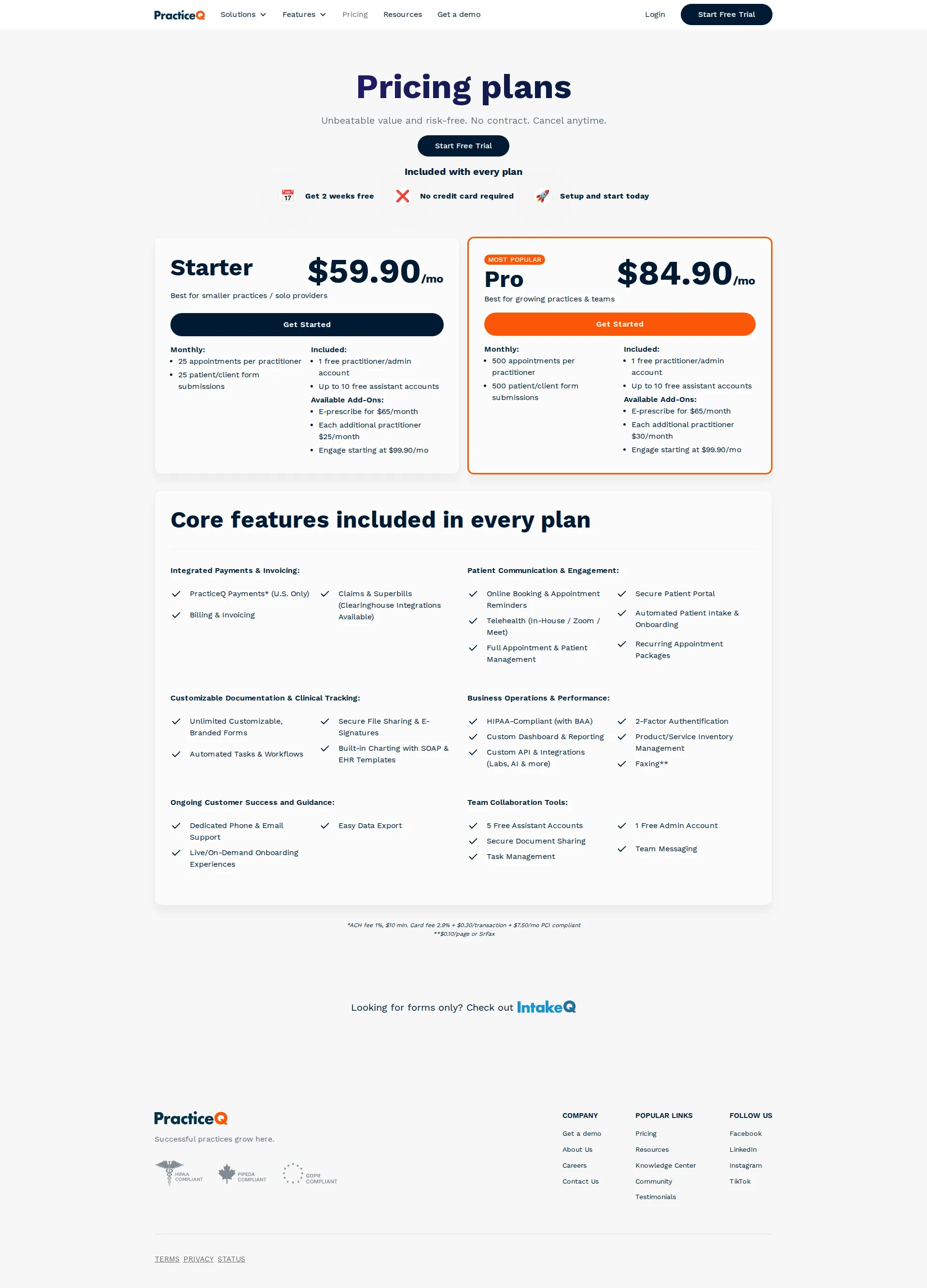 PracticeQ pricing page screenshot