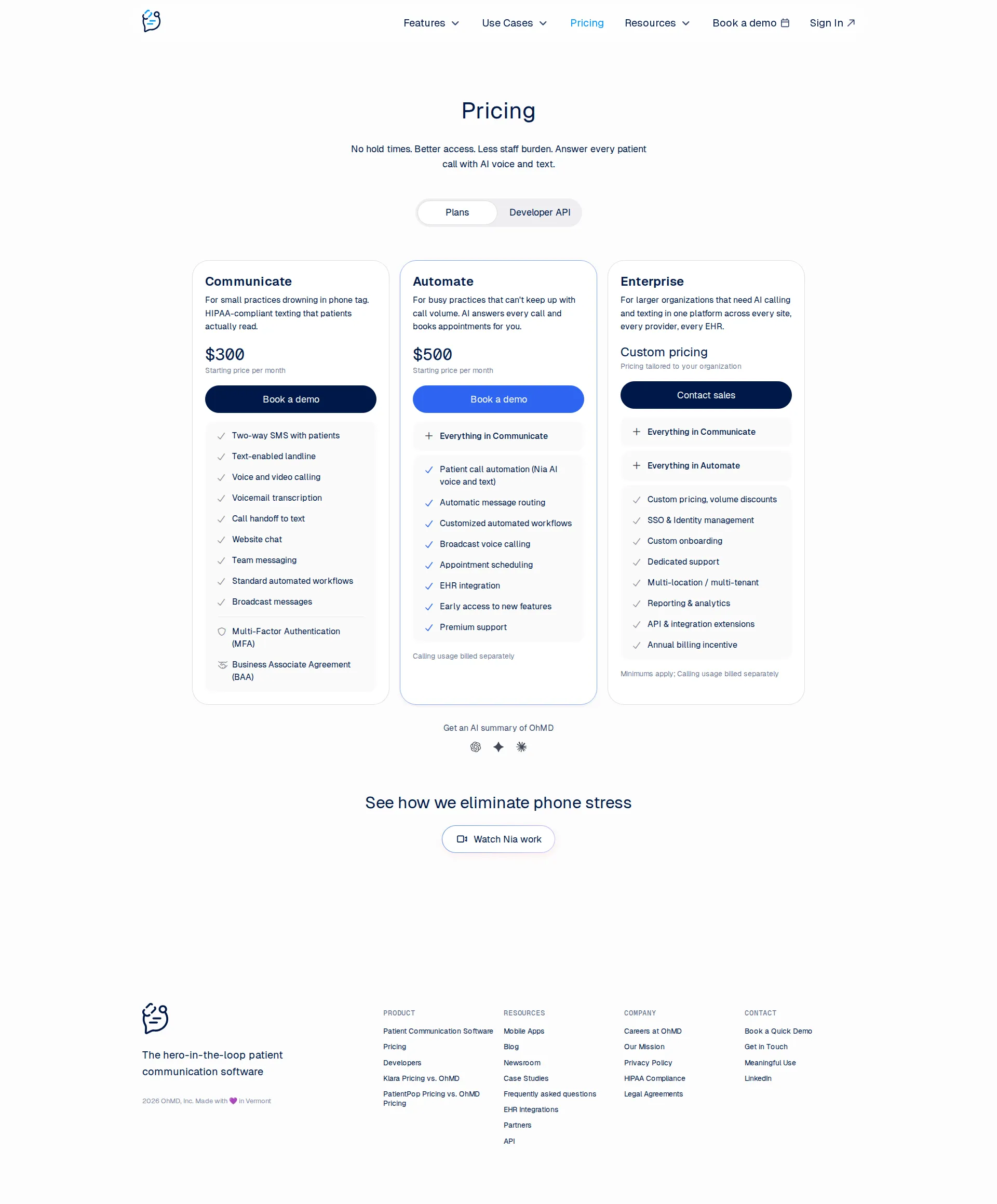 OhMD pricing page screenshot