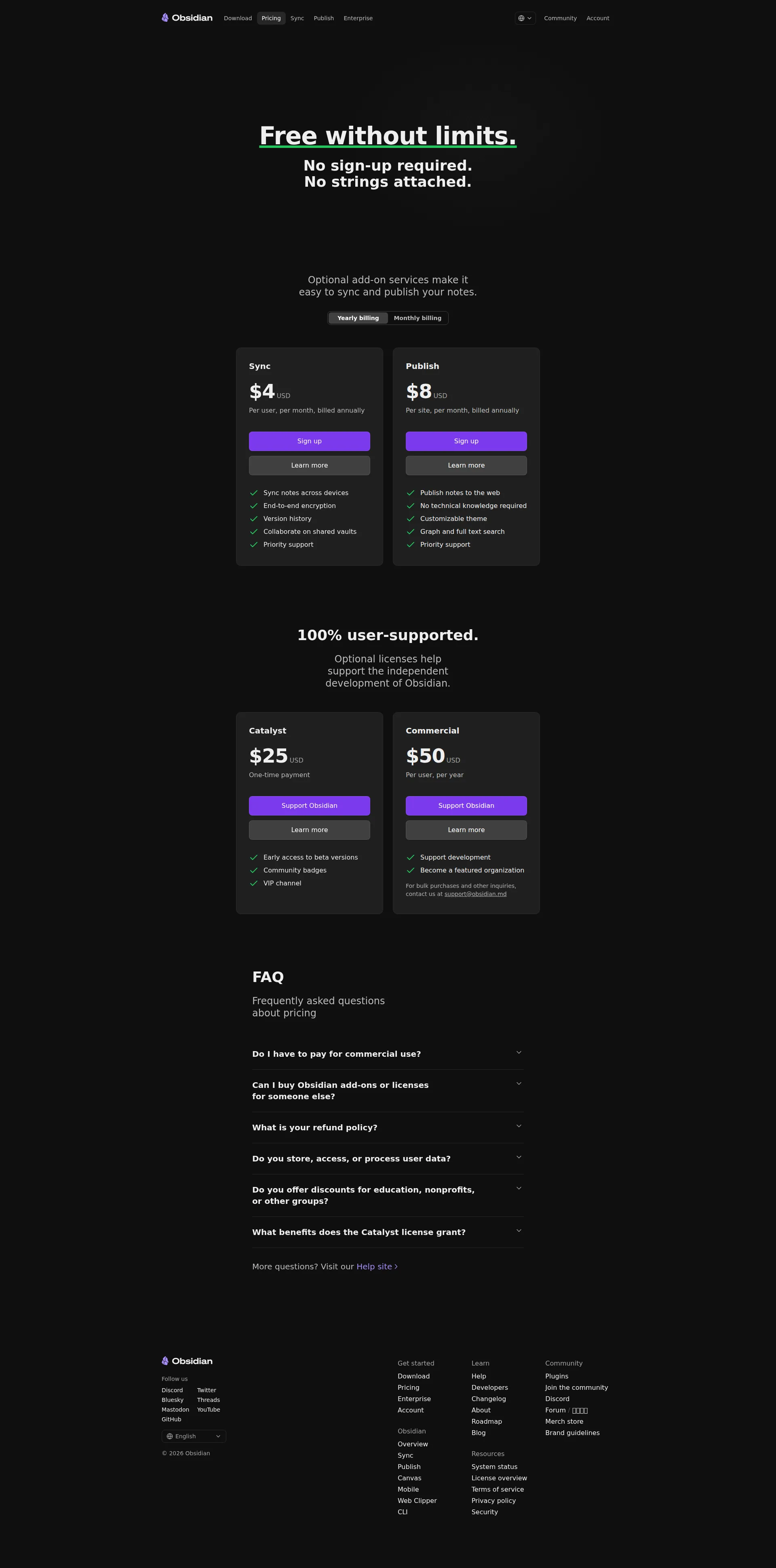 Obsidian pricing page screenshot