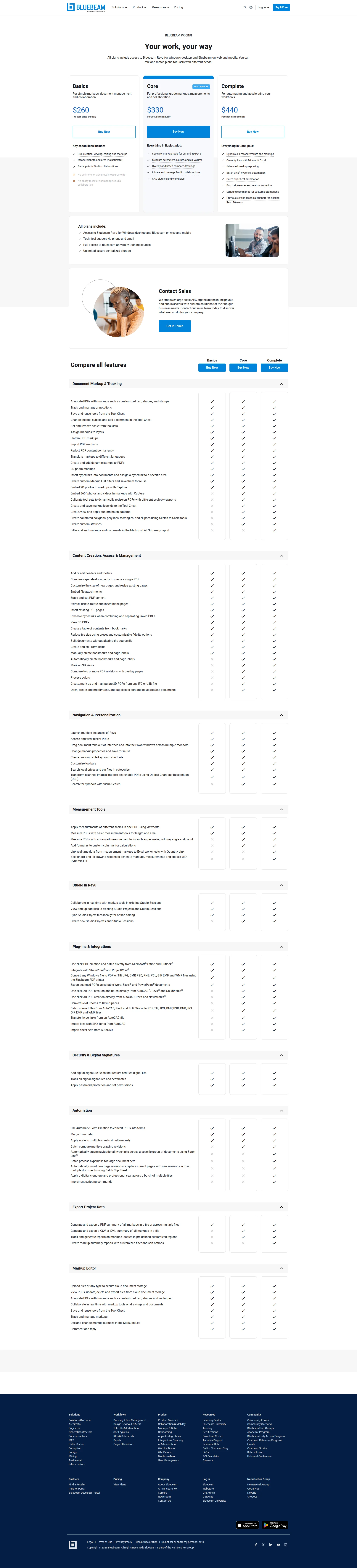 Bluebeam Revu pricing page screenshot