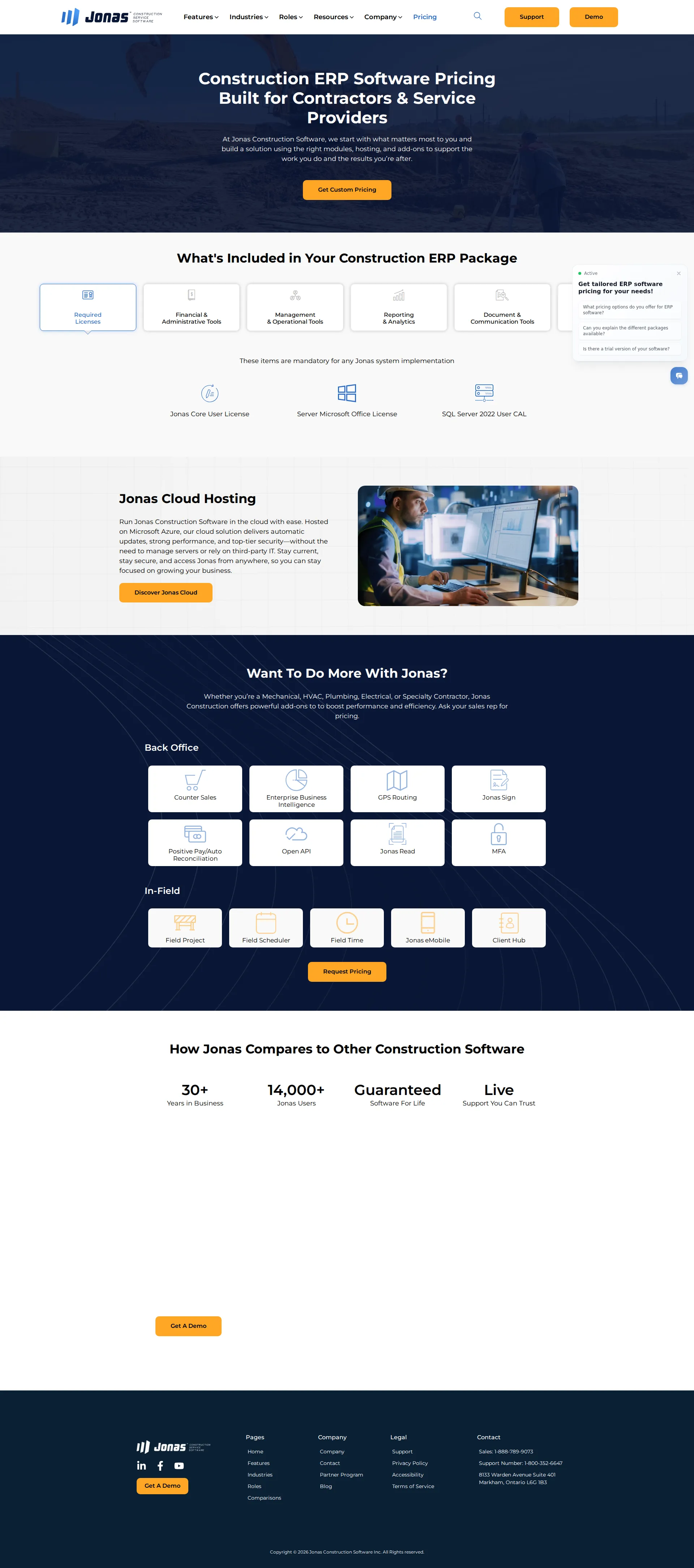 Jonas Construction pricing page screenshot