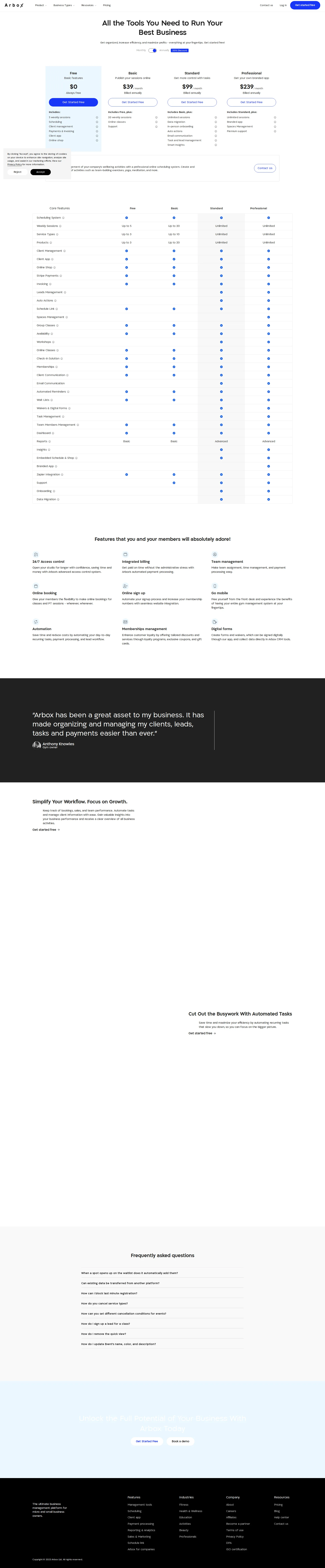 Arbox pricing page screenshot