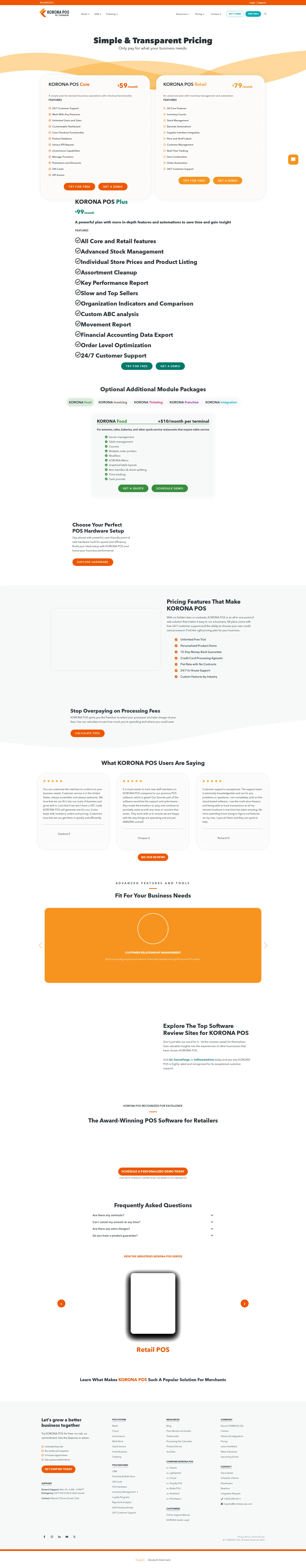 KORONA POS pricing page screenshot