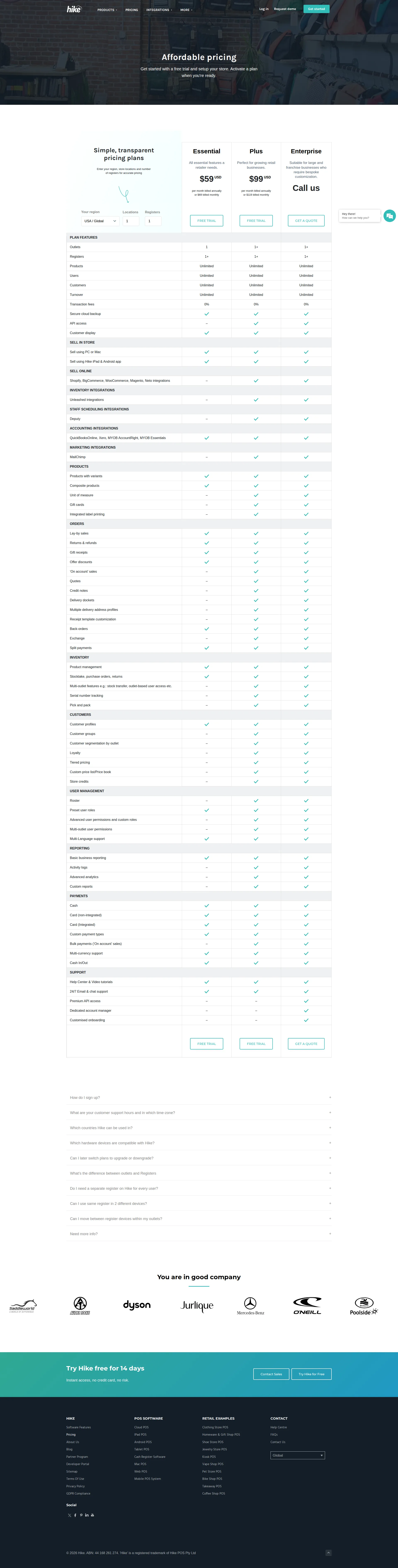 Hike POS pricing page screenshot