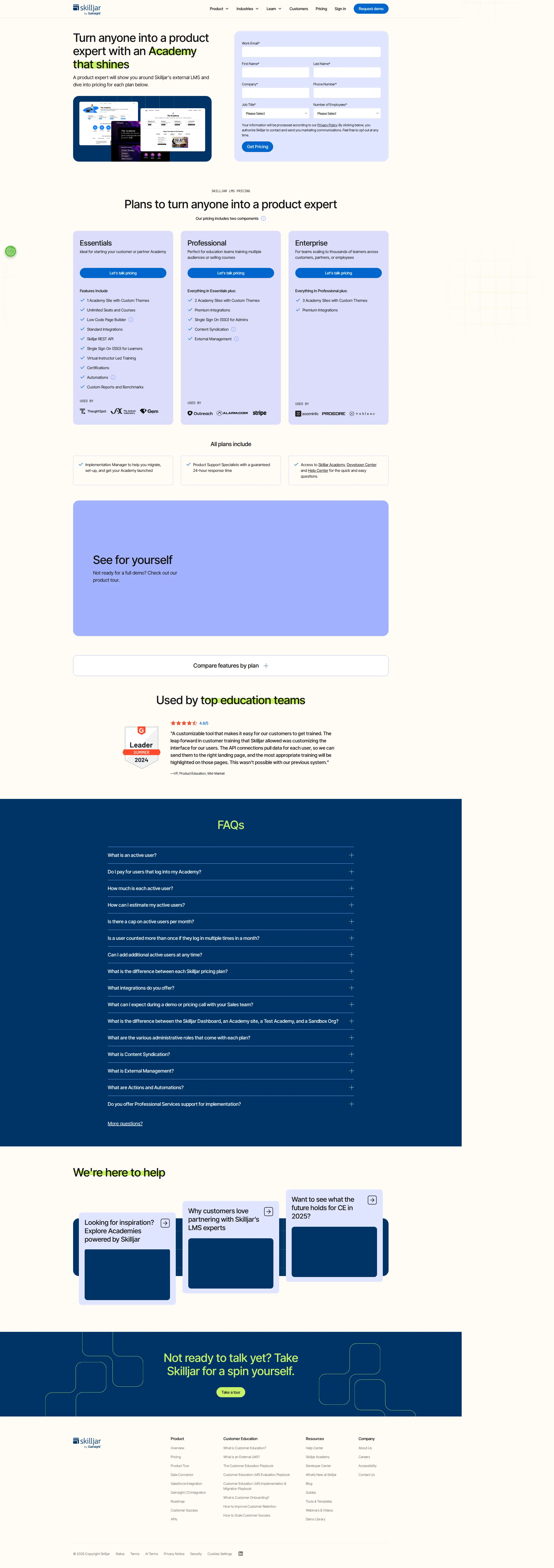 Skilljar pricing page screenshot