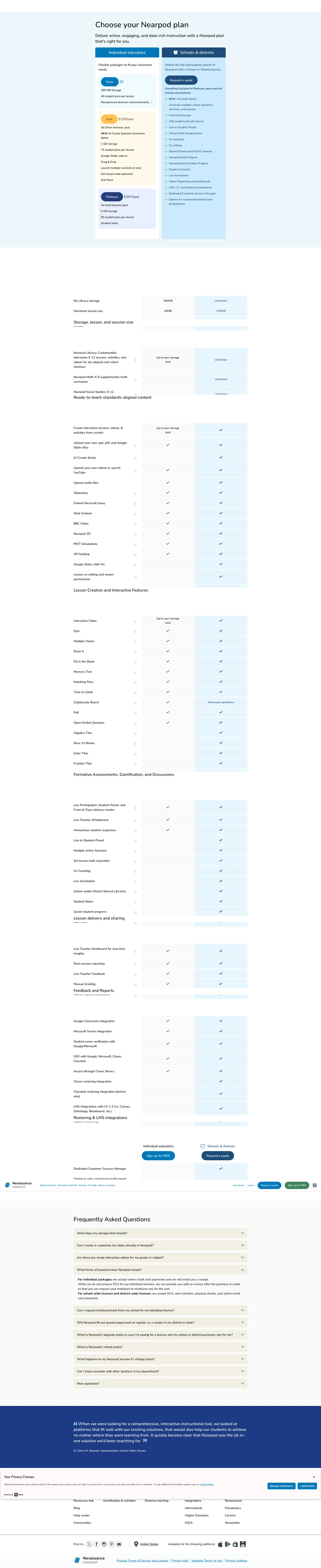Nearpod Pro pricing page screenshot