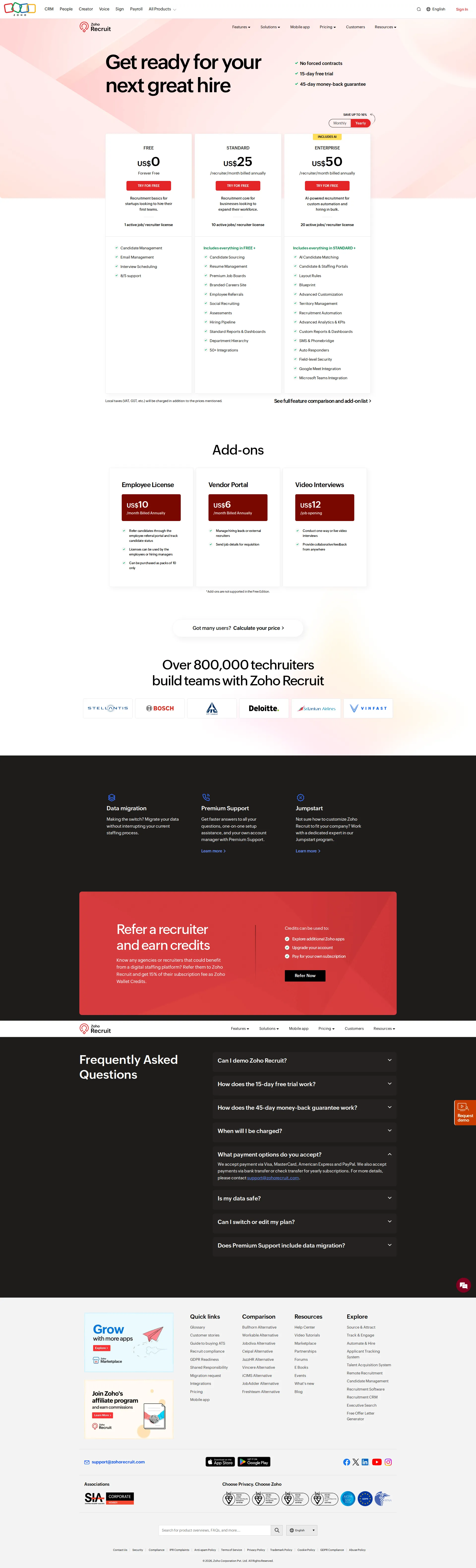 Zoho Recruit pricing page screenshot