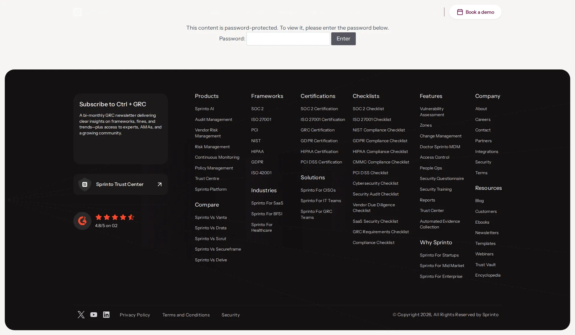 Sprinto pricing page screenshot