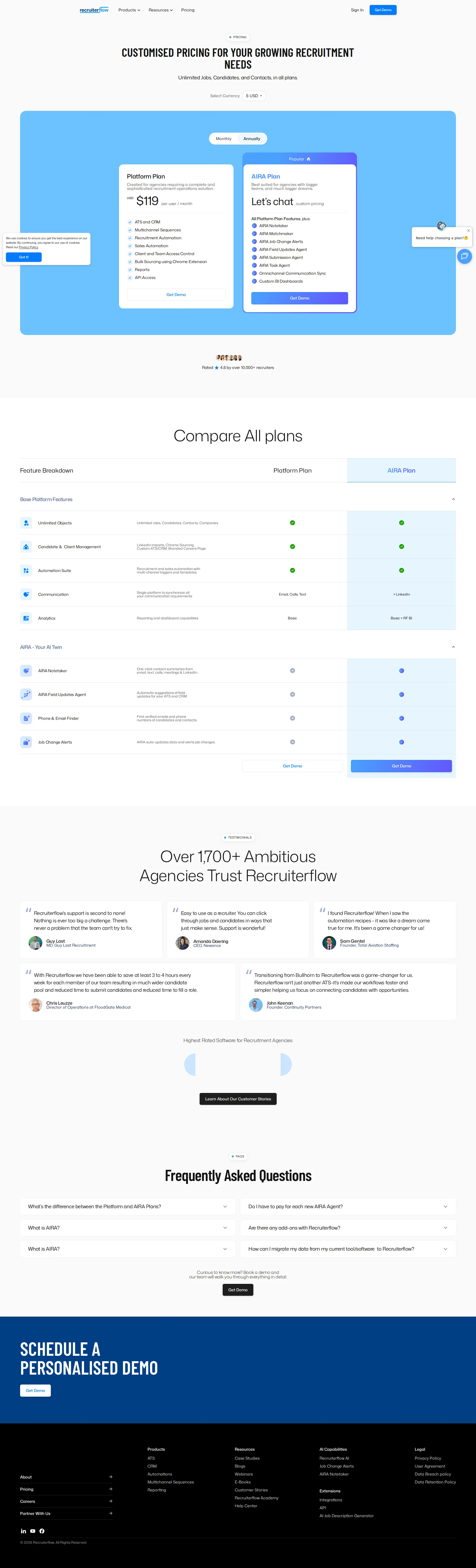 Recruiterflow pricing page screenshot